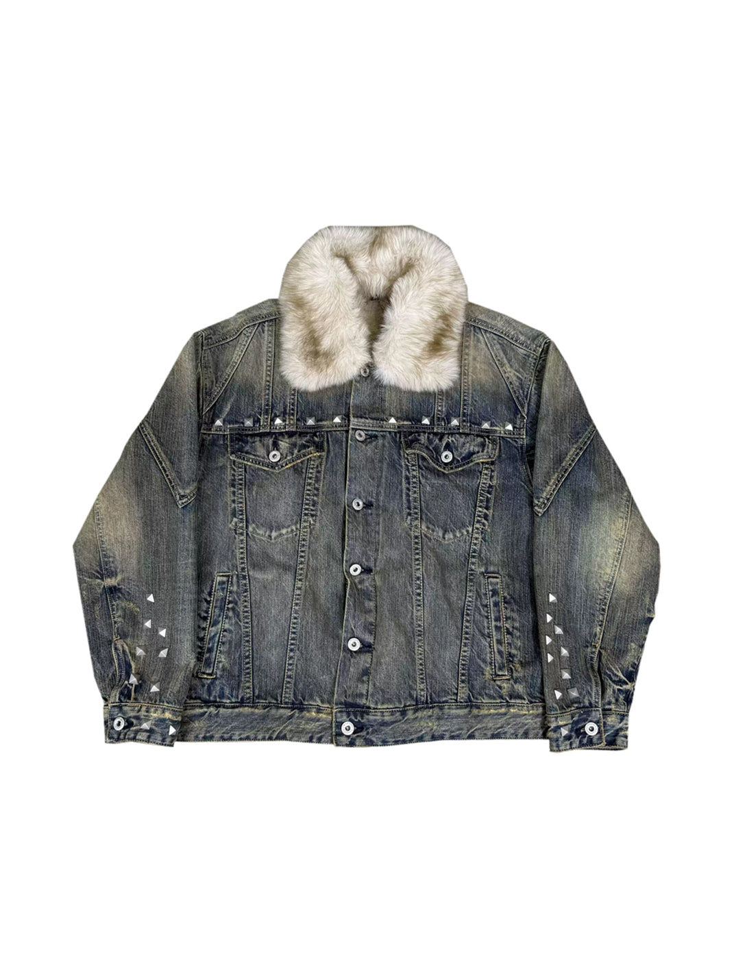 CHAI Studded Washed Denim Jacket With Detachable Fur Collar