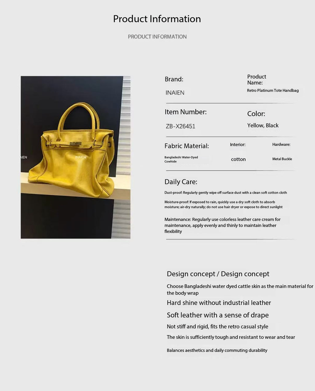 INAIEN Black Water-Dyed Calfskin Vintage  Tote Bag