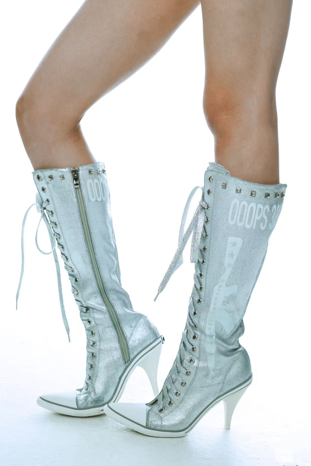 Ooops333 Y2K Studded Glitter Canvas High Top Heels | Metallic Lace-Up Platform Boots
