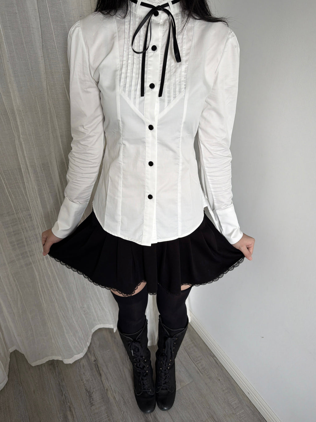 Accordion-Pleated Tie Stand-Collar Cotton Blouse with Fitted Waist