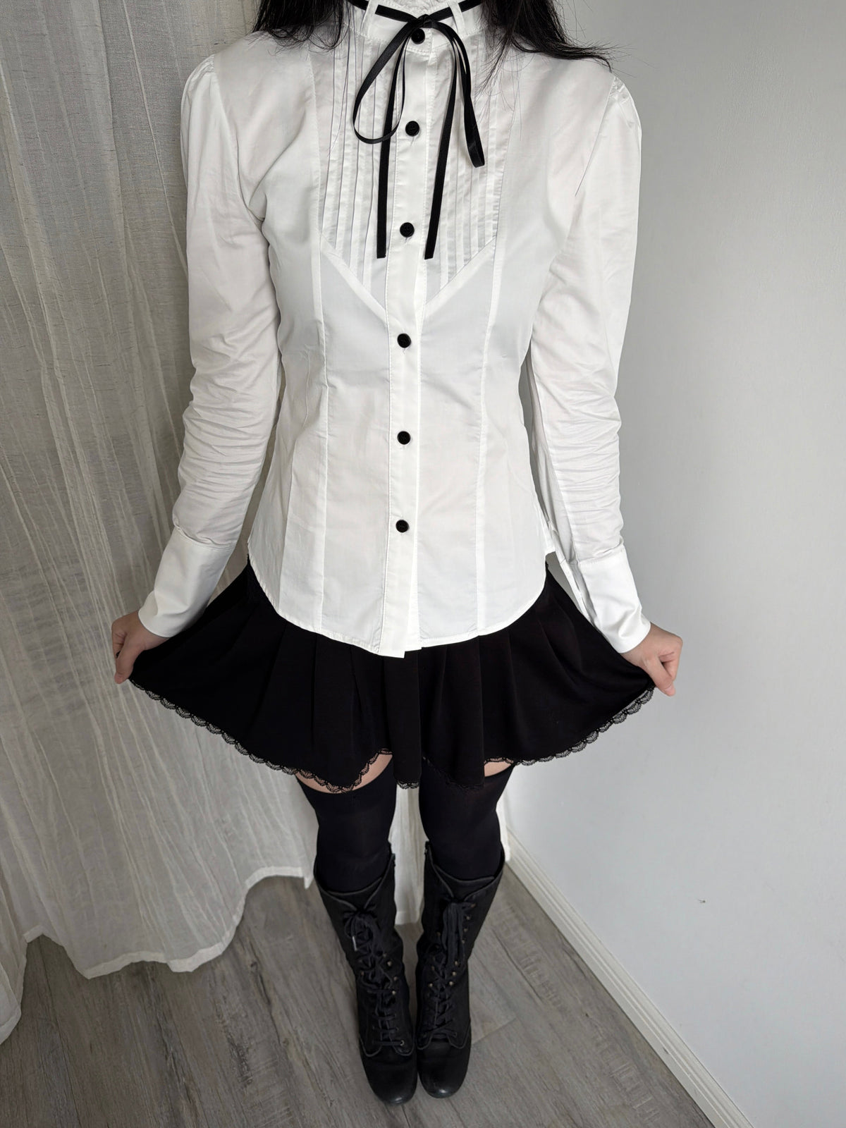 Accordion-Pleated Tie Stand-Collar Cotton Blouse with Fitted Waist