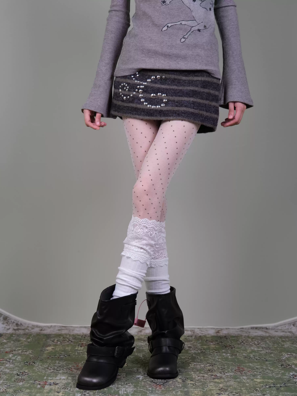 Polka Dot Tights & Ruffle Lace Socks Set - Soft Vintage Coquette Layering Look