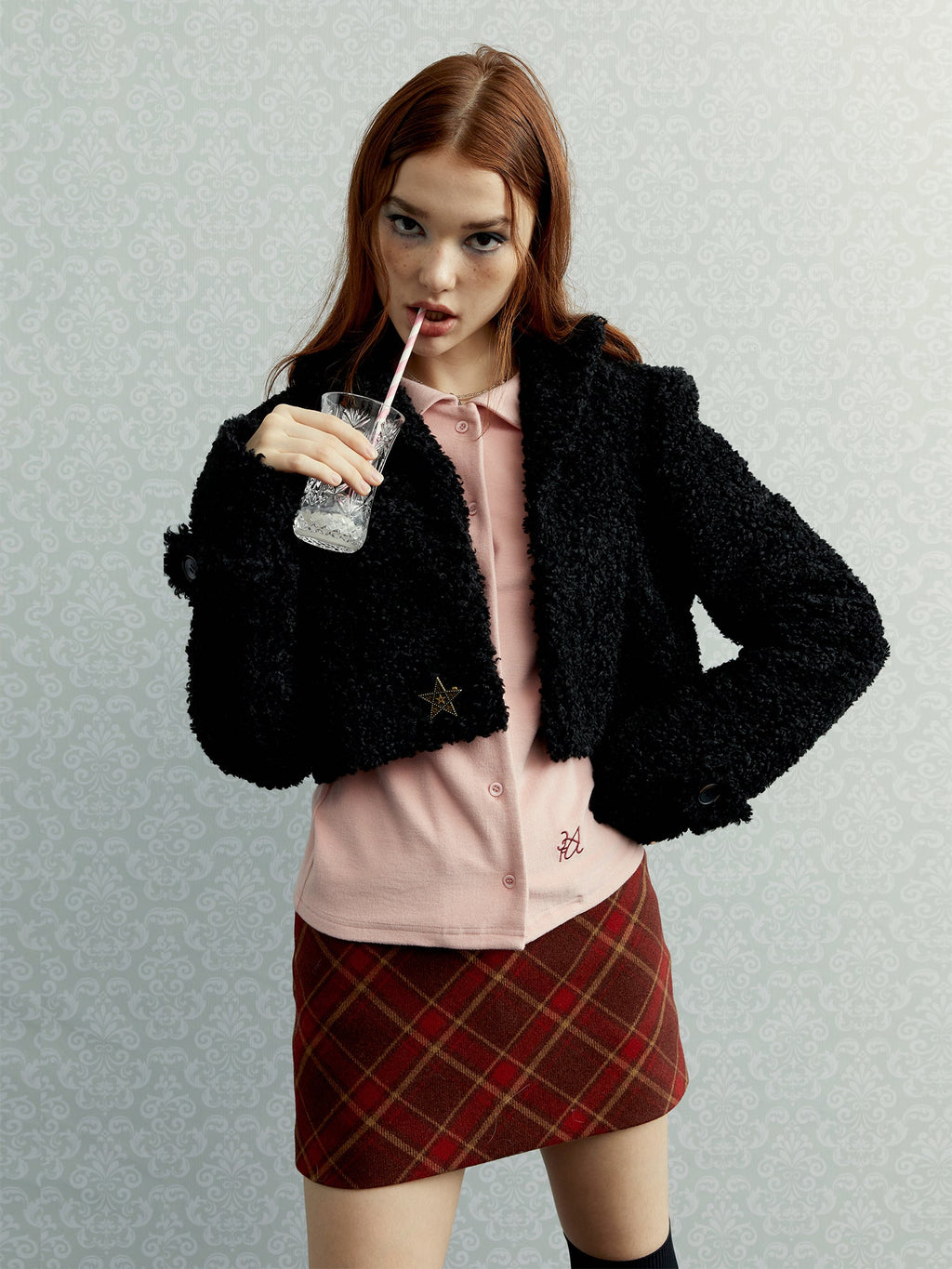 [C0042]Vintage red checked wool skirt