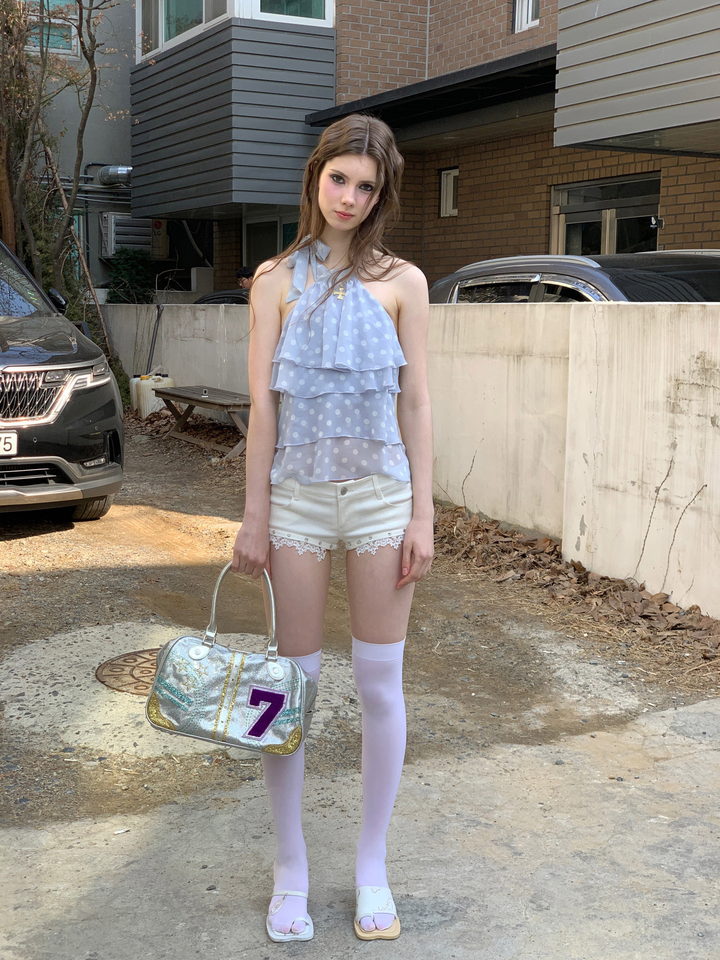 [A00816]All-White Lace Beaded Playful Shorts
