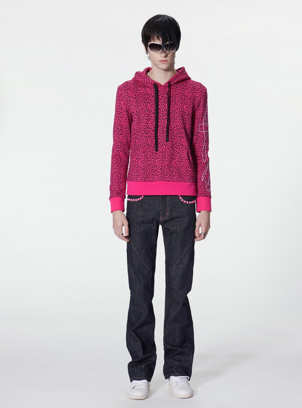 Pink leopard hoodie sleeve embroidery