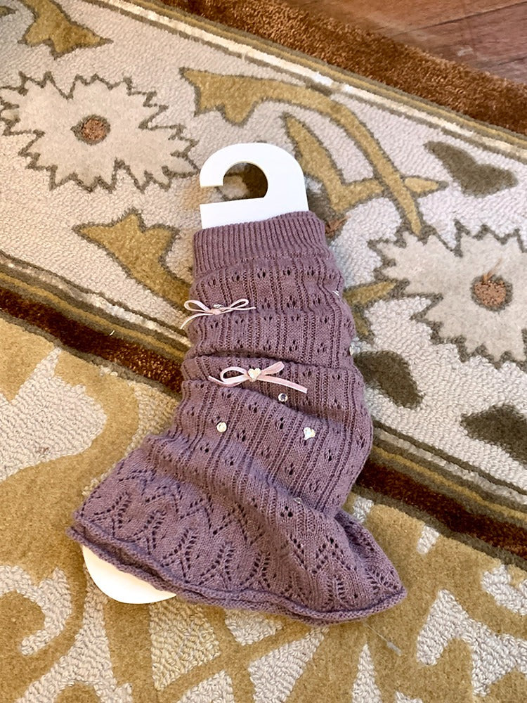 Pointelle Knit Bow & Rhinestone Accent Leg Warmers