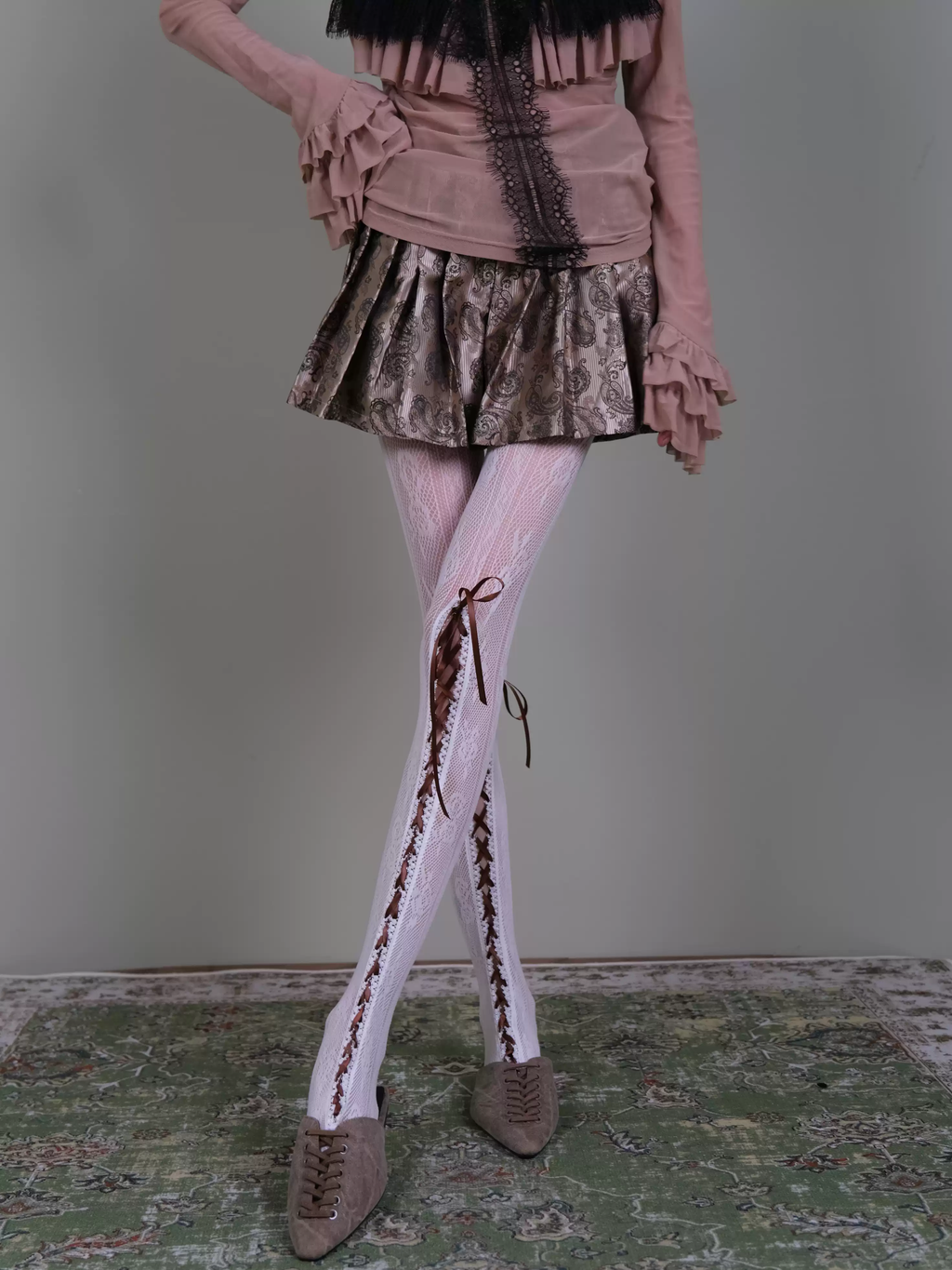 White Lace-Up Tights - Coquette Dark Romance Floral Lace Stockings