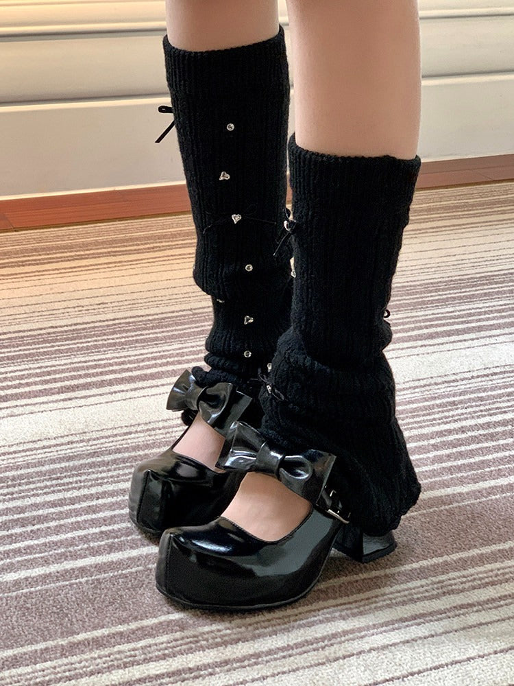 Pointelle Knit Bow & Rhinestone Accent Leg Warmers