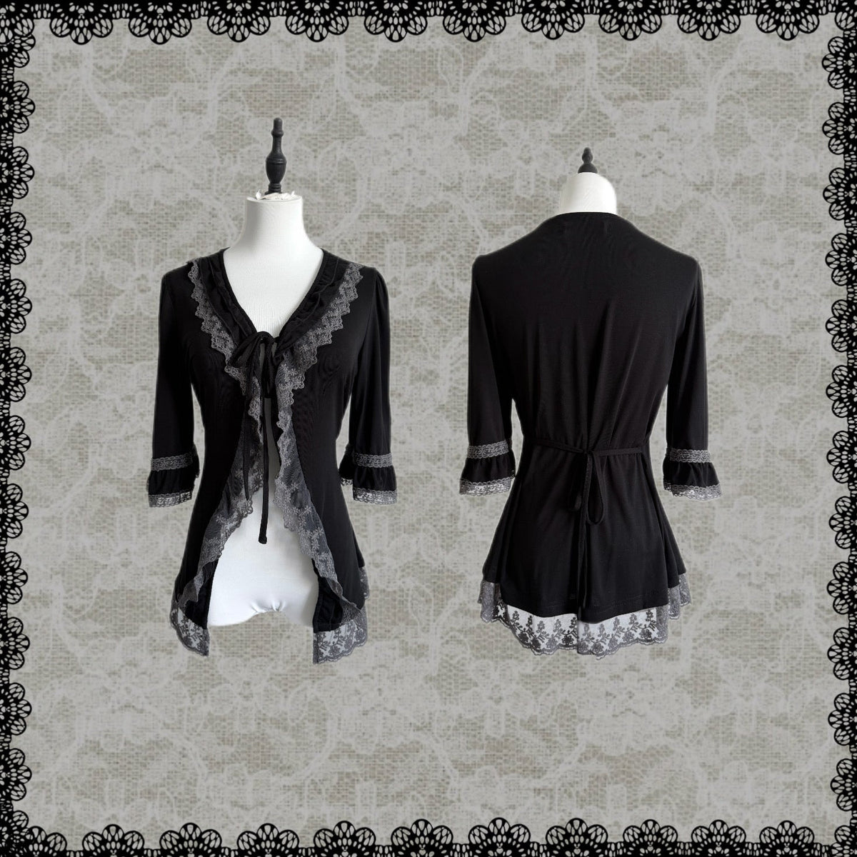 Layered Frill Lace Tie Cardigan – Dark Coquette, 3/4 Sleeves
