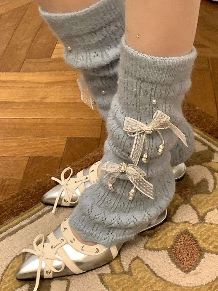 Fuzzy Knit Pearl Bow Leg Warmers