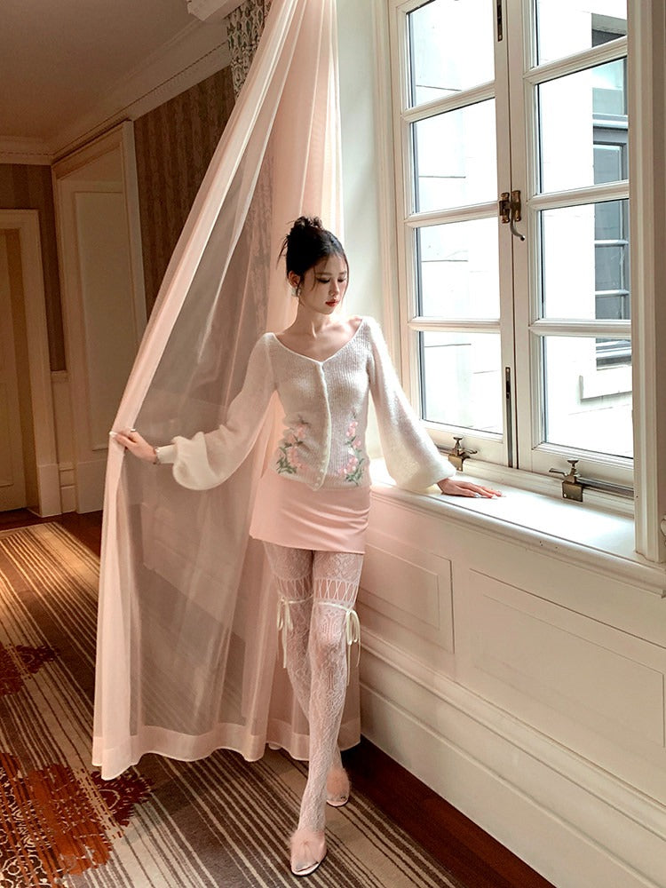 Lace Drawstring Thigh-High Tights with Ribbon Tie