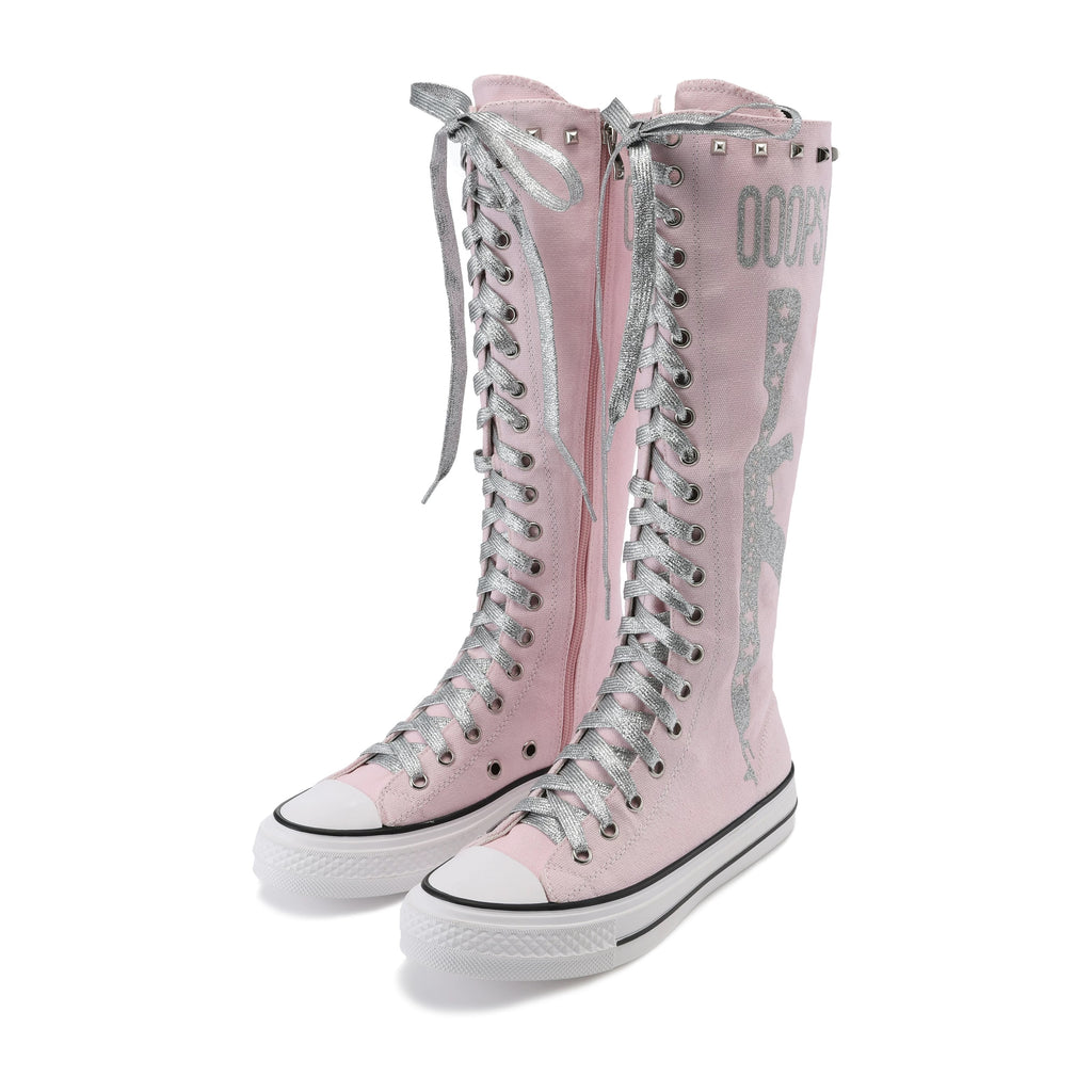 Ooops333 Studded Glitter Canvas Knee-High Lace-Up Boots