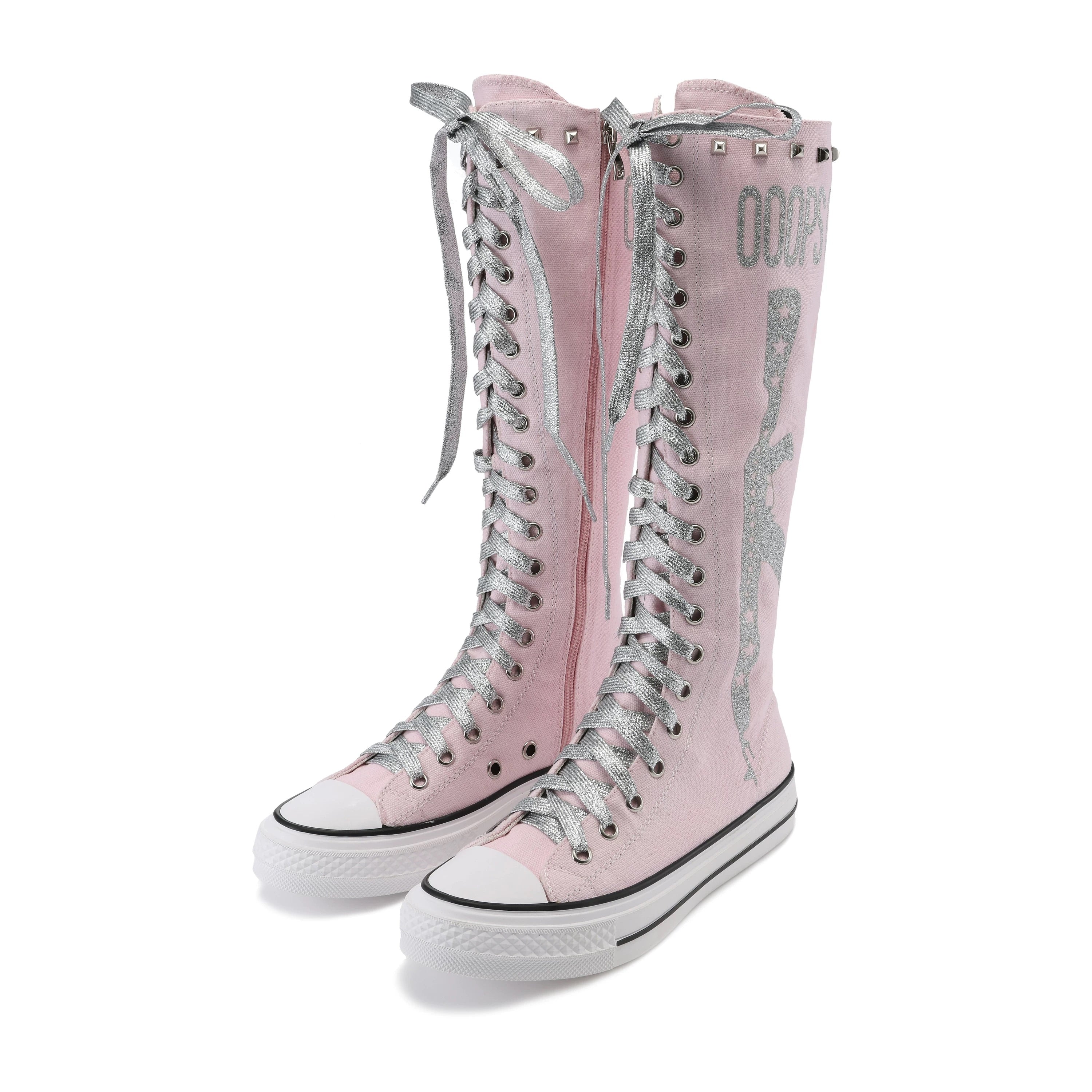 Ooops333 Studded Glitter Canvas Knee-High Lace-Up Boots