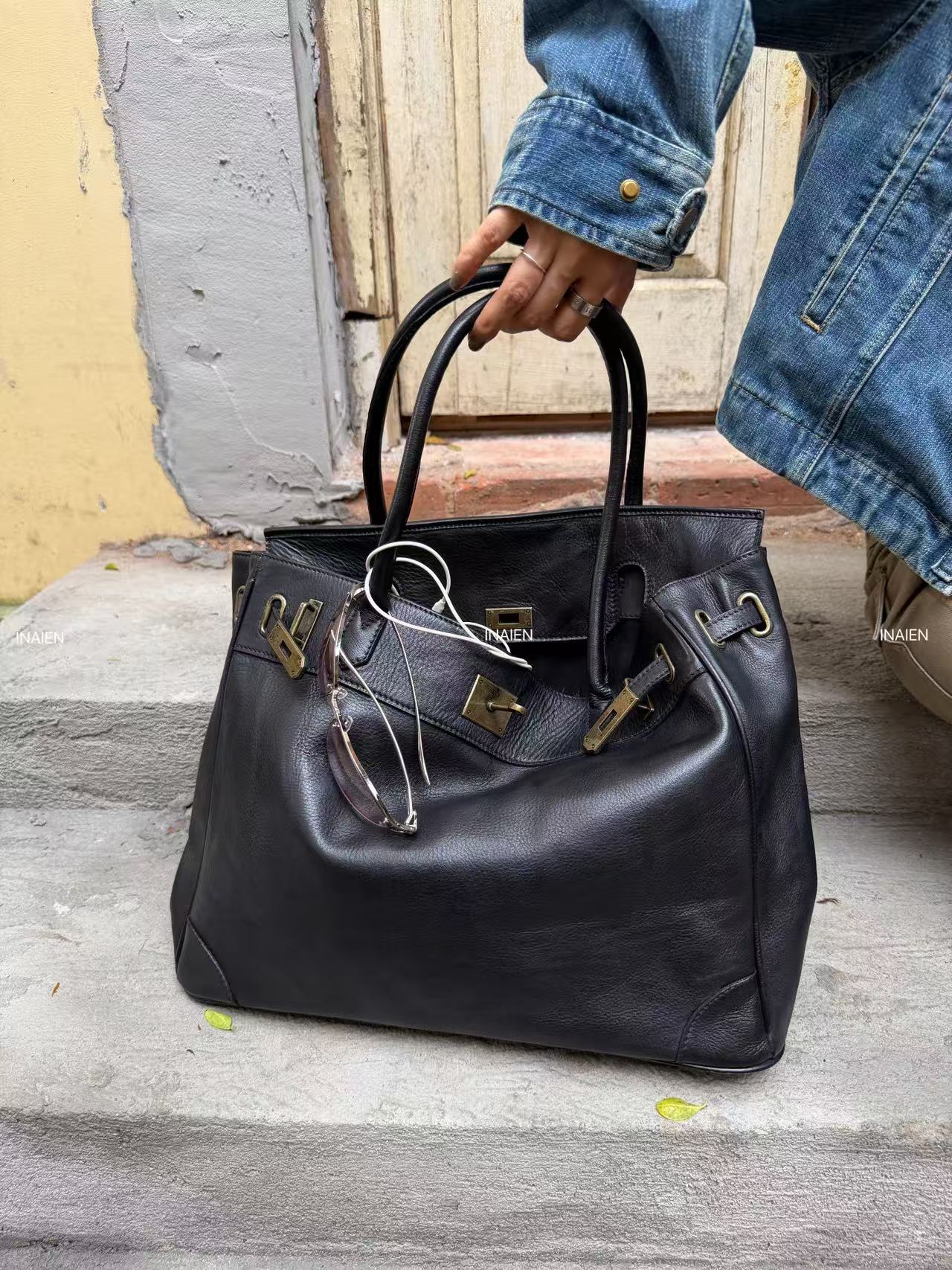 INAIEN Black Water-Dyed Calfskin Vintage  Tote Bag