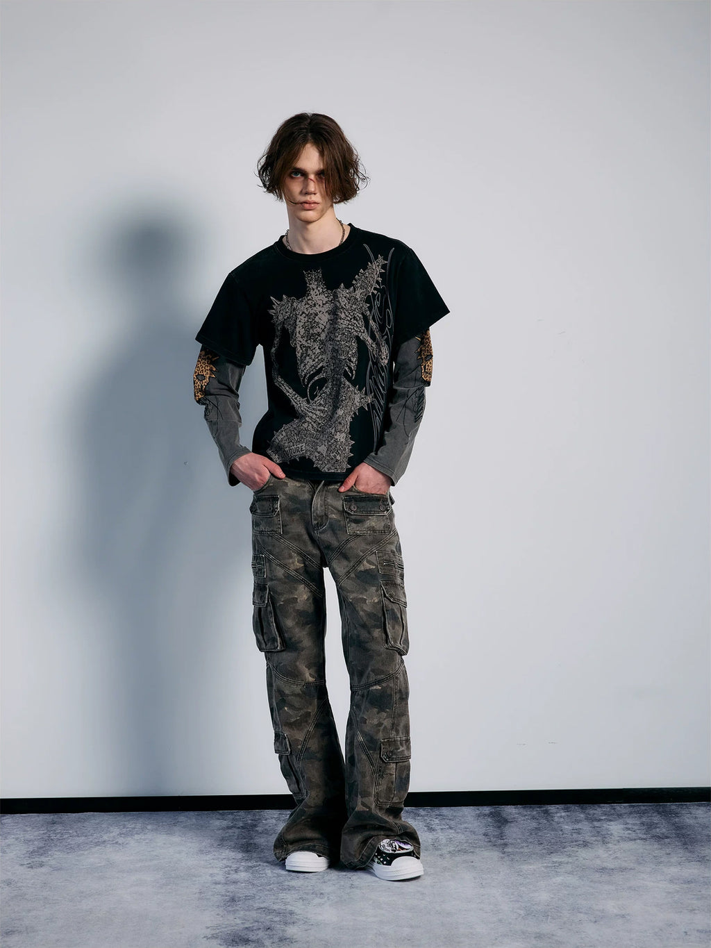 PAIKI Washed Camouflage Multi-Panel Flared Cargo Pants