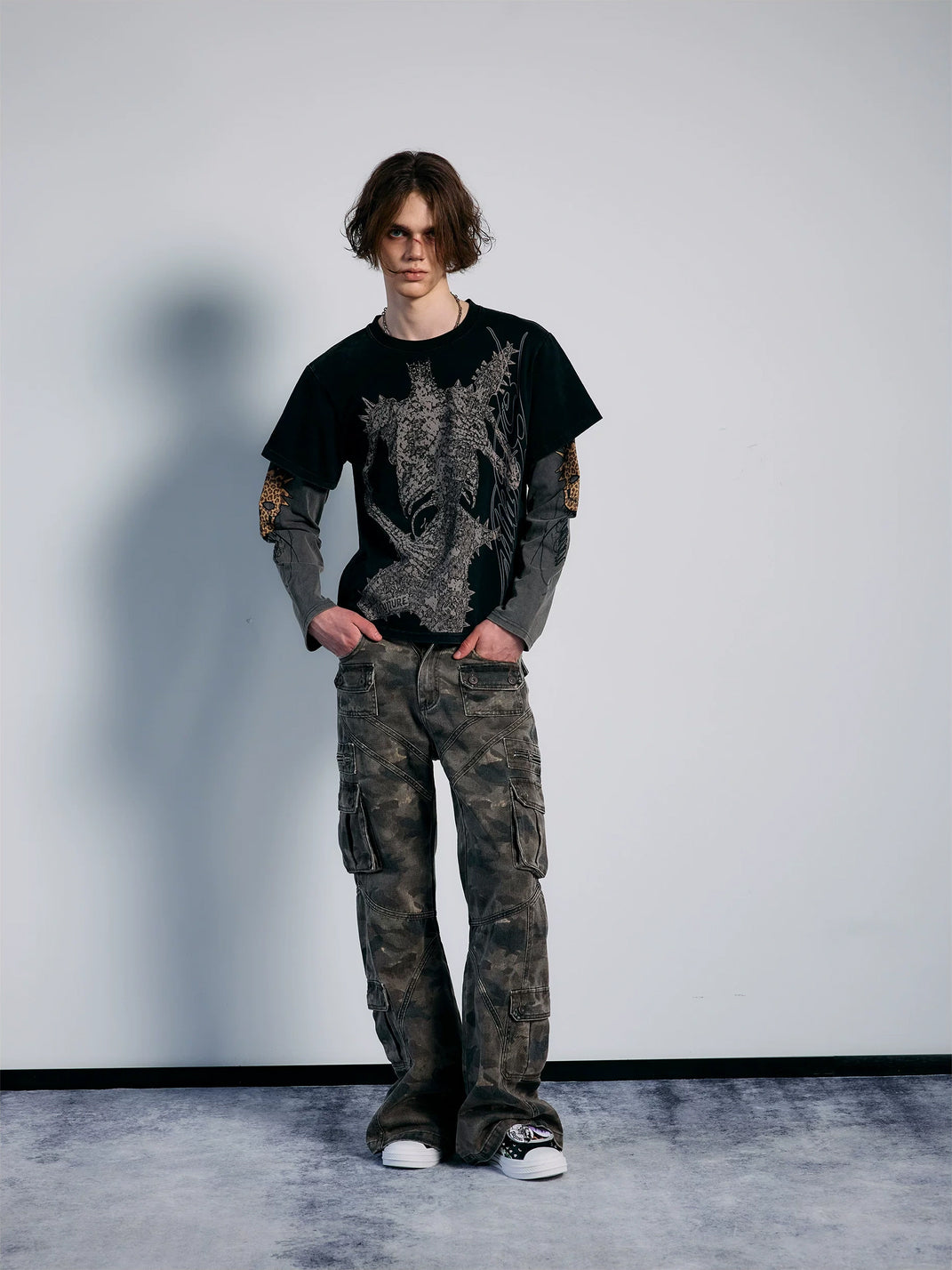 PAIKI Washed Camouflage Multi-Panel Flared Cargo Pants