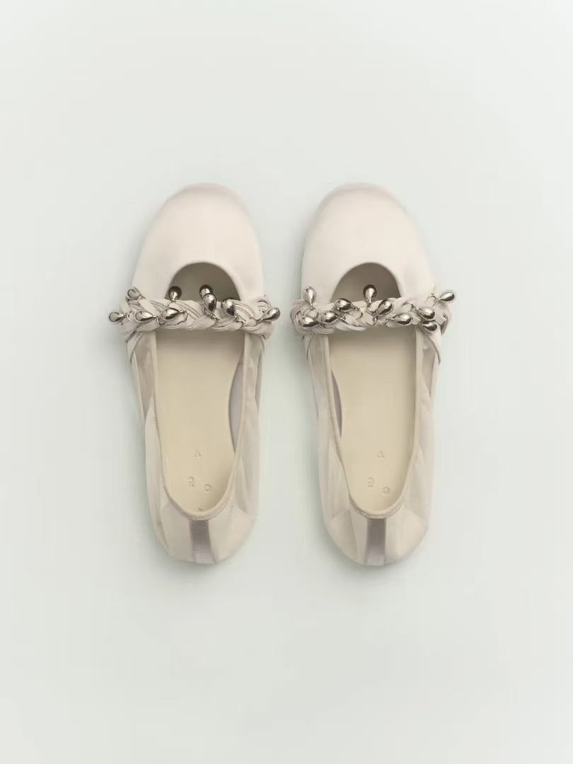 Silver-White Silk Ballet Flats