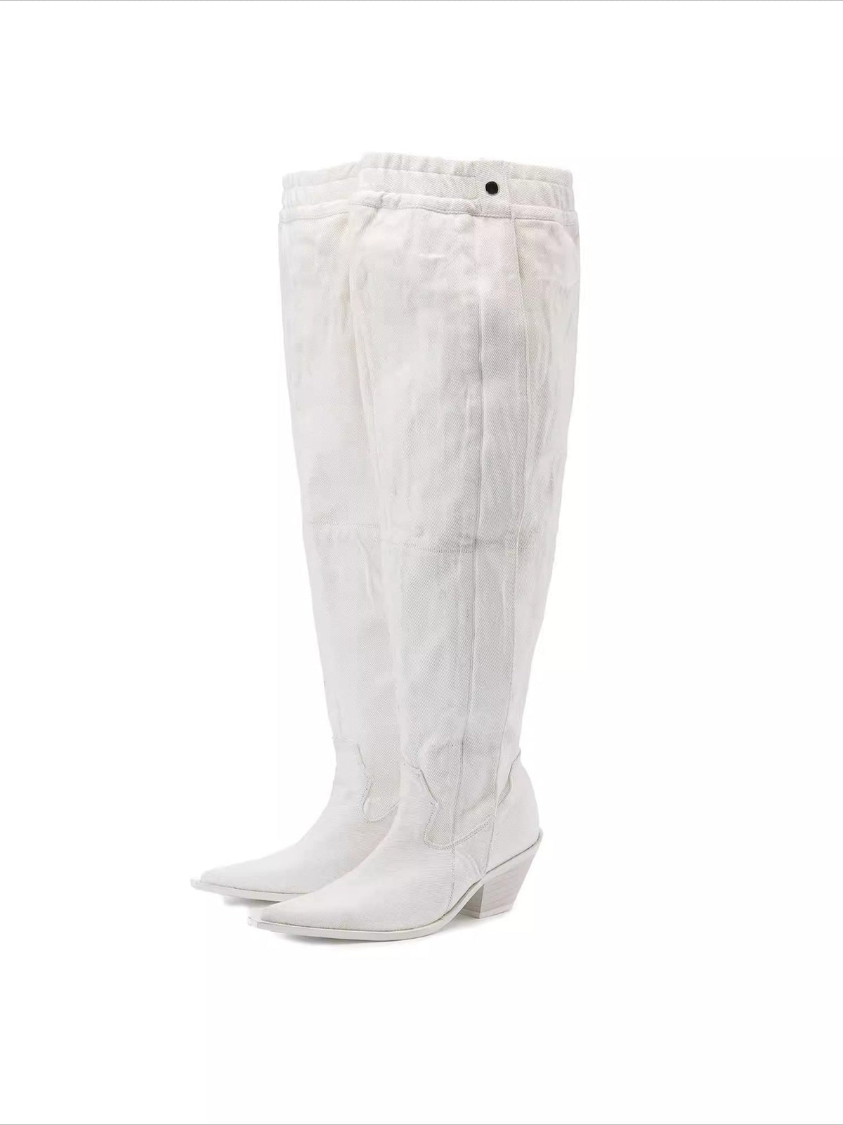 24ANS Slouchy Printed Denim Heeled Boots – Ruched Leg-Lengthening Boots
