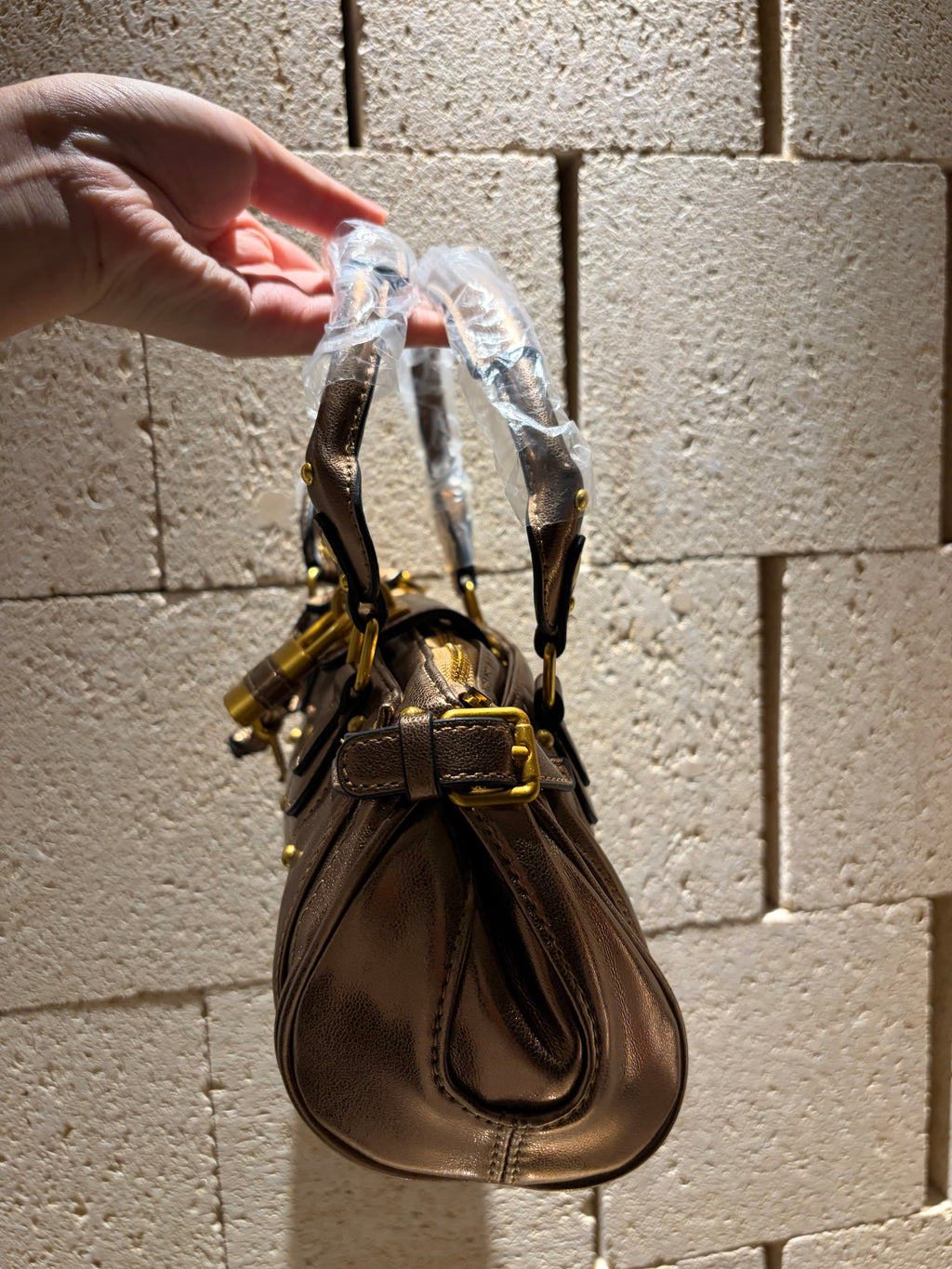 Padlock Structured Microfiber Leather Satchel