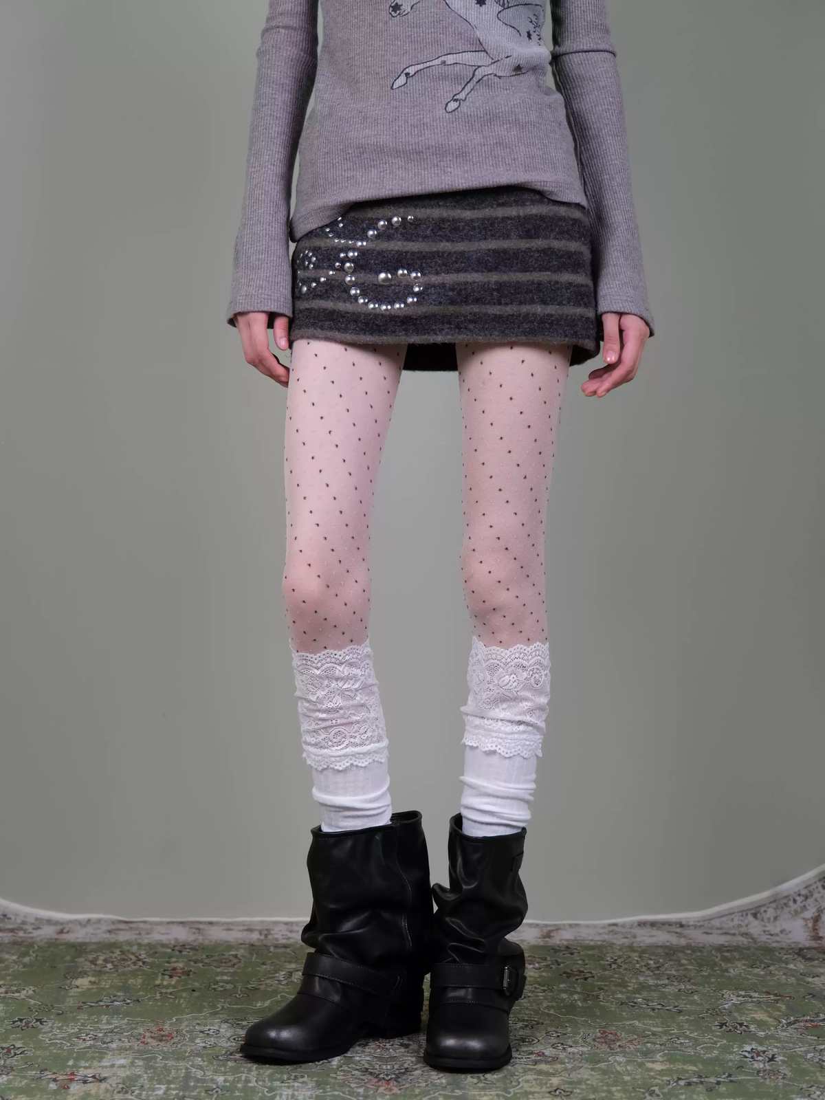 Polka Dot Tights & Ruffle Lace Socks Set - Soft Vintage Coquette Layering Look