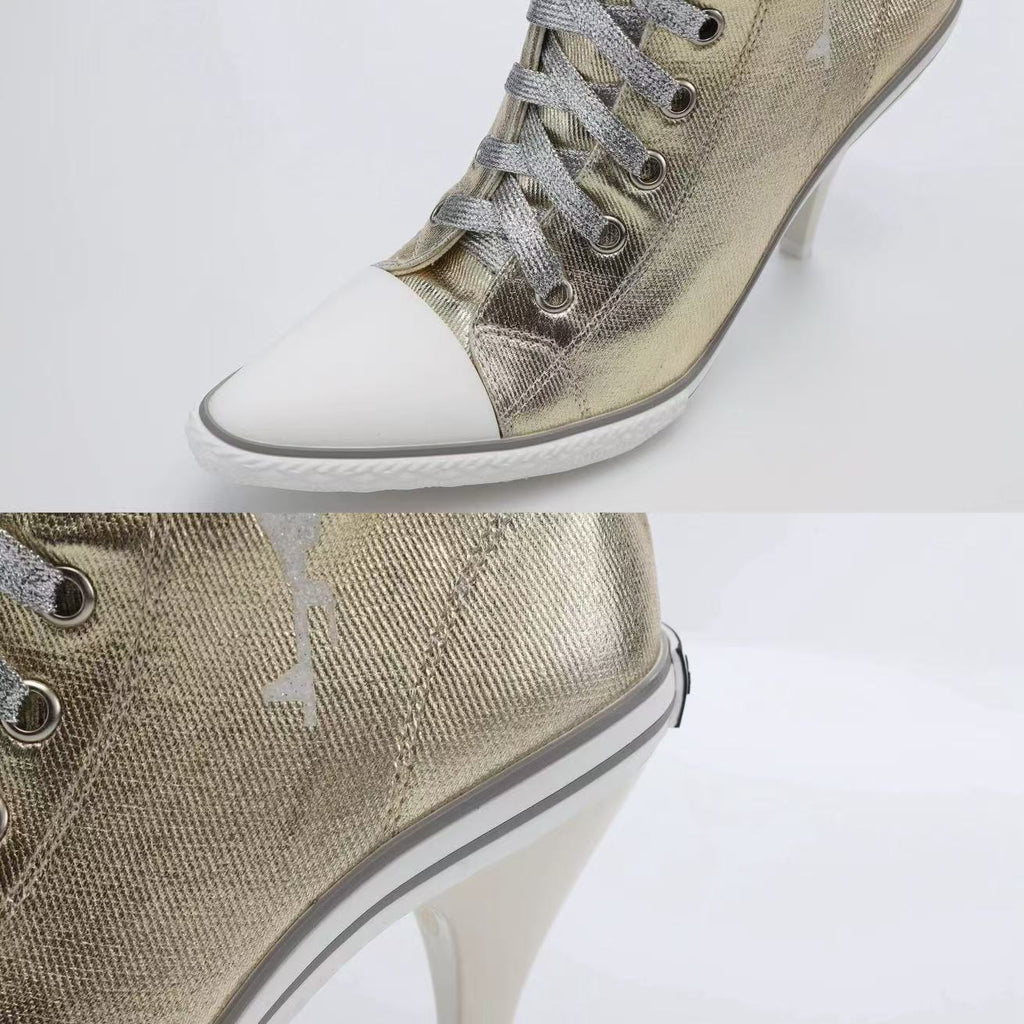 Ooops333 Y2K Studded Glitter Canvas High Top Heels | Metallic Lace-Up Platform Boots