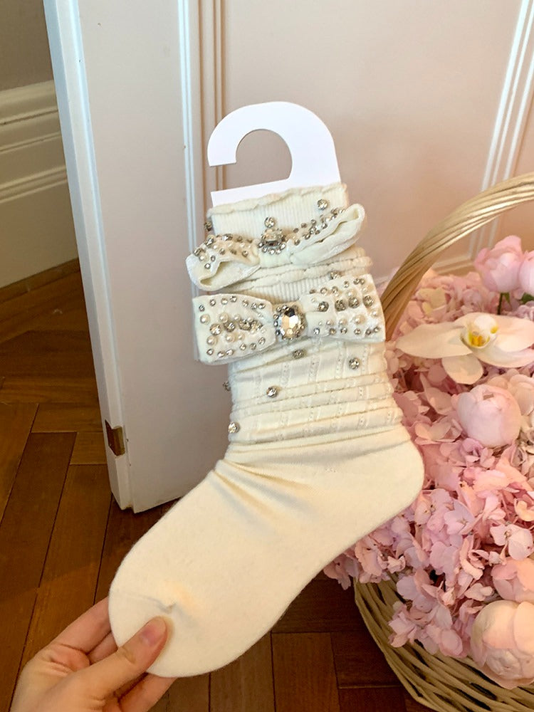 Oversized Rhinestone Bow Knit Calf Socks