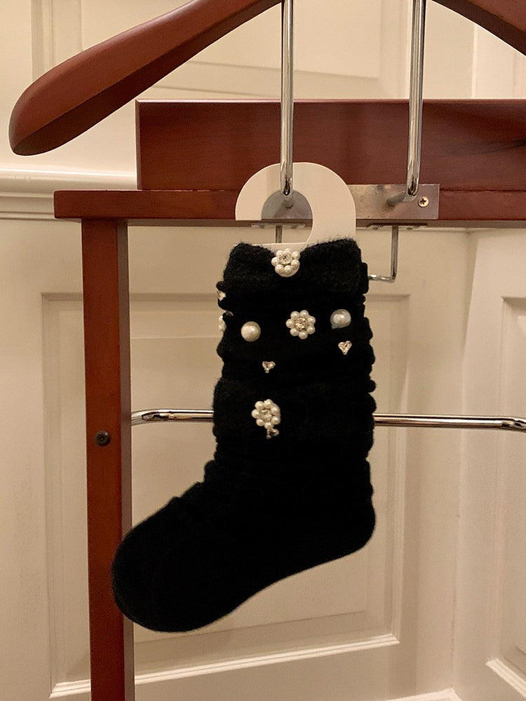 Heart Rhinestone & Pearl Embellished Ribbed Knit Stockings