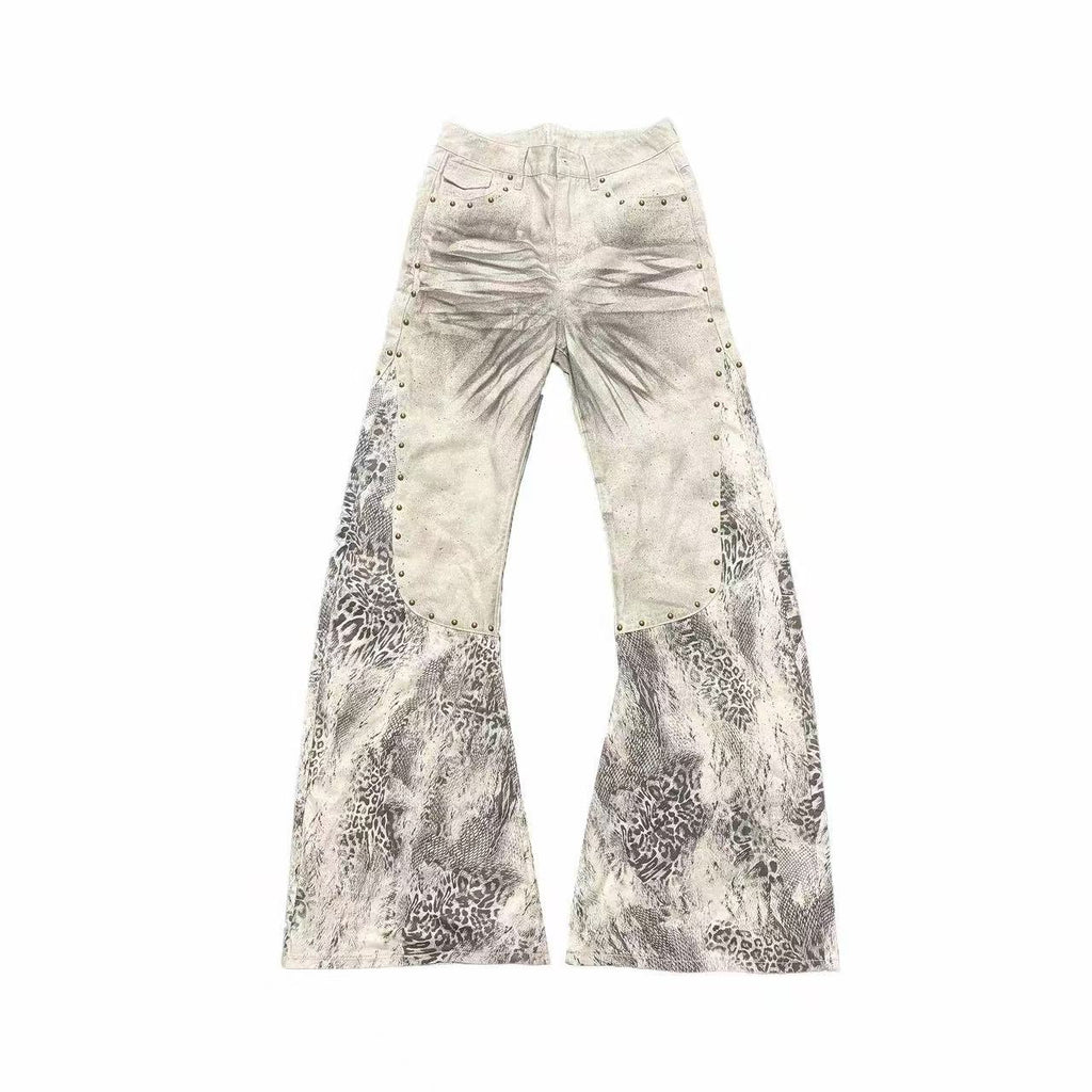 PAIKI Python Effect Leopard Print Straight-Leg Jeans