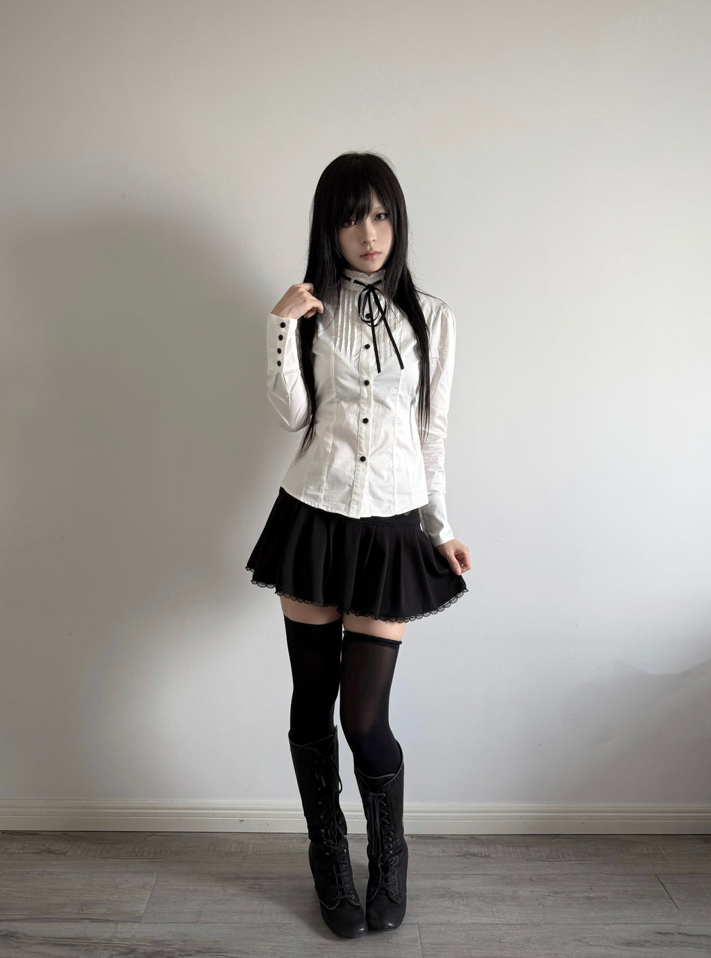 Accordion-Pleated Tie Stand-Collar Cotton Blouse with Fitted Waist