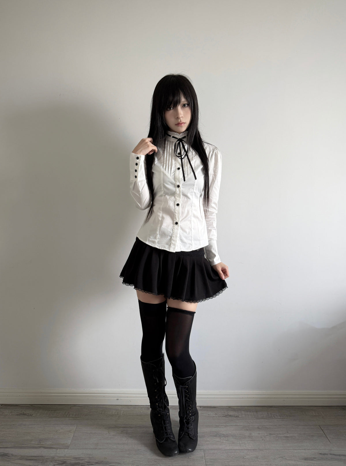 Accordion-Pleated Tie Stand-Collar Cotton Blouse with Fitted Waist