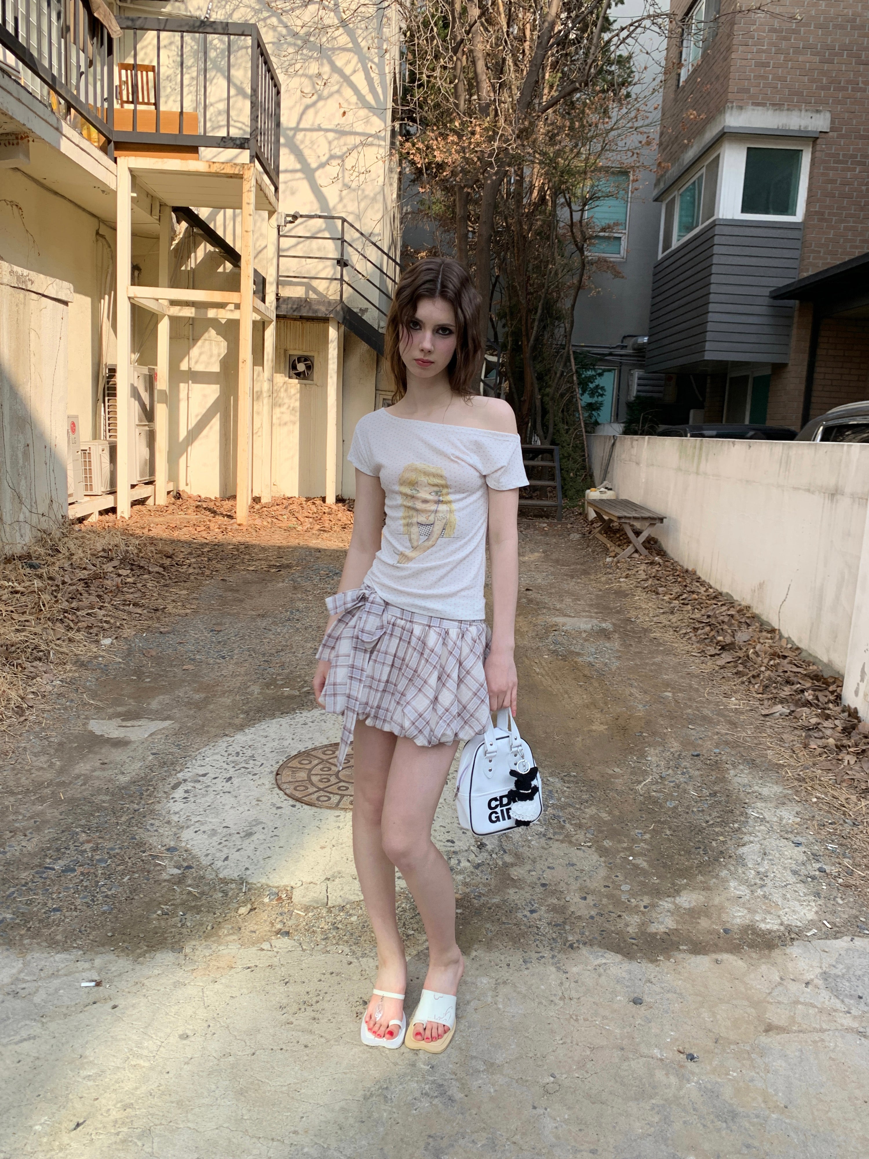 [A00819]Cooling Lavender Gingham Bow-Tie Skirt