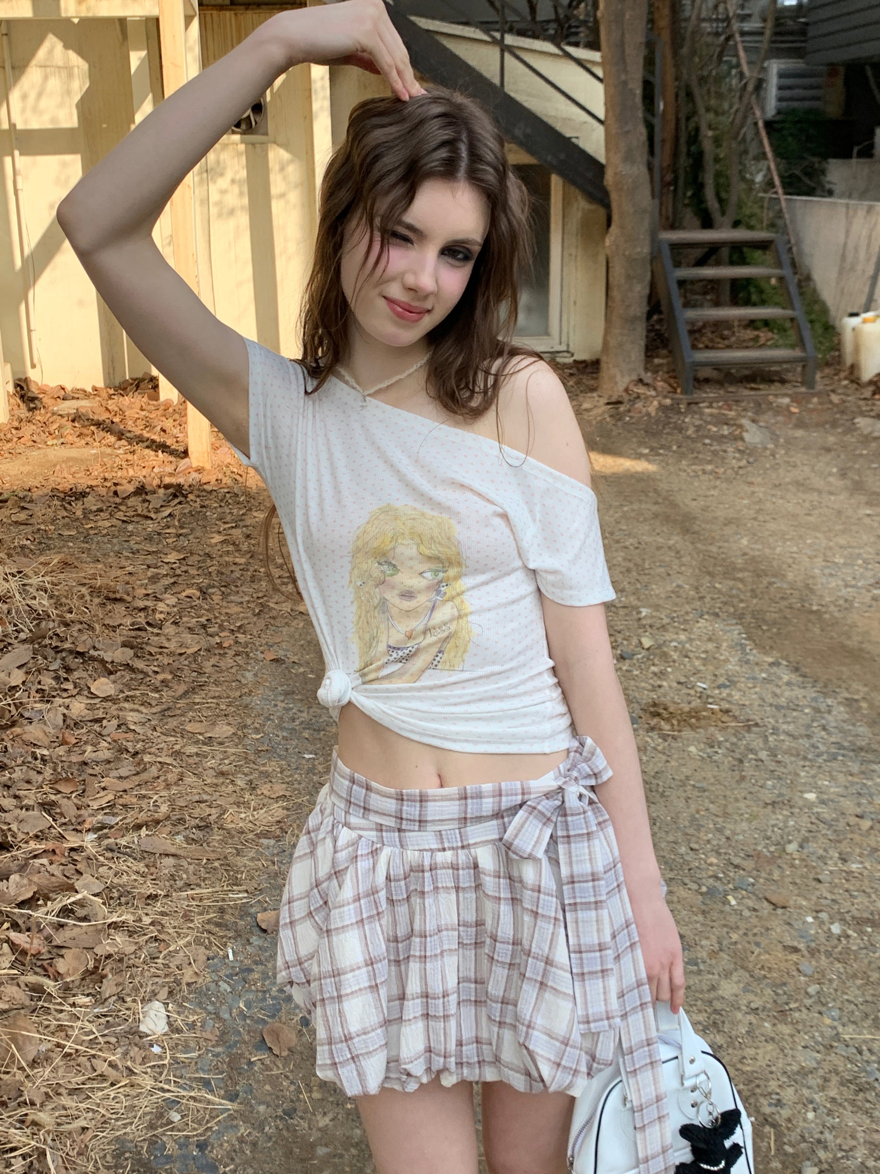 [A00819]Cooling Lavender Gingham Bow-Tie Skirt