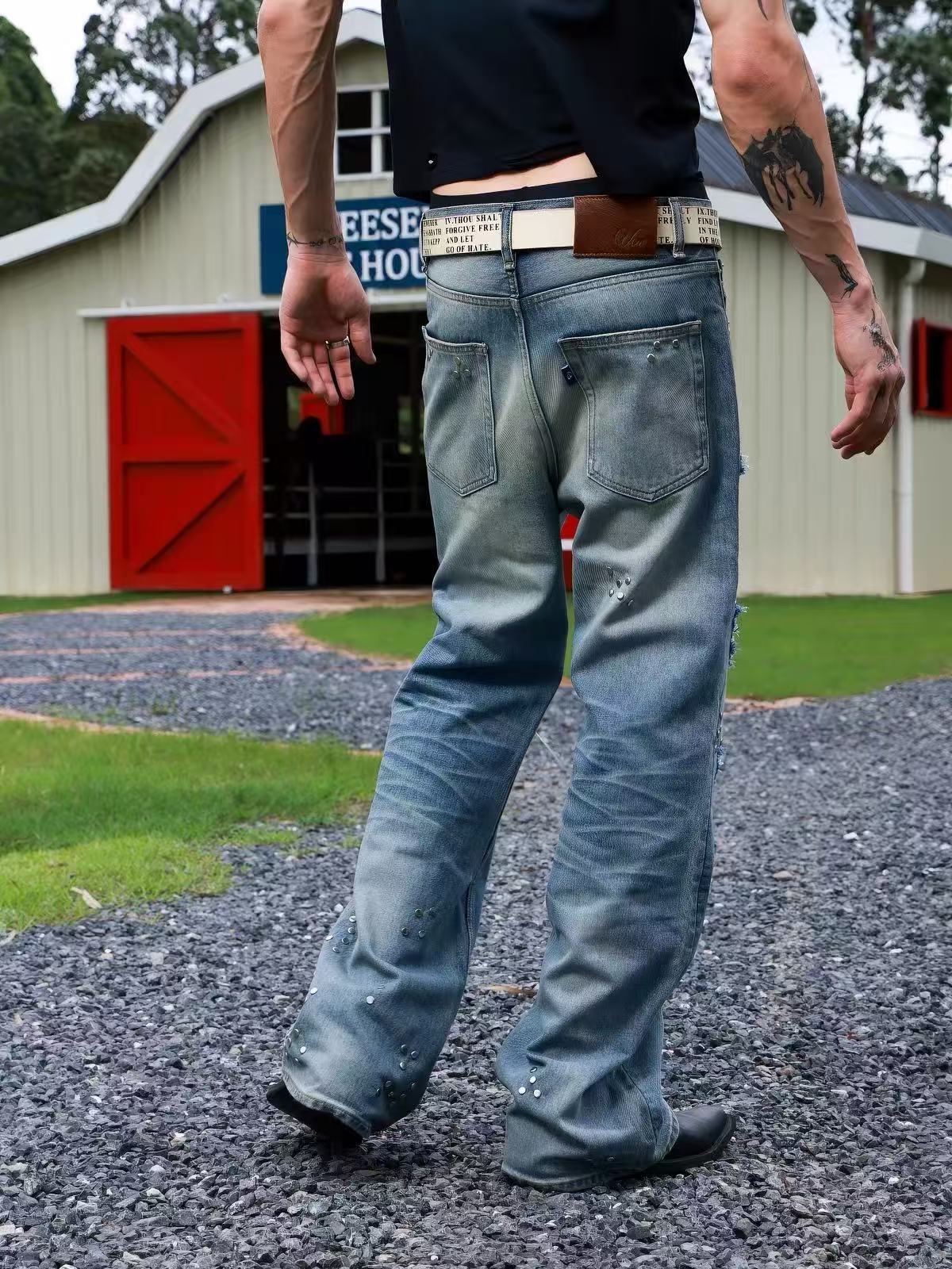 Houndstooth 646 Flare Jeans — Distressed Patches, 3D Whiskering & Studs