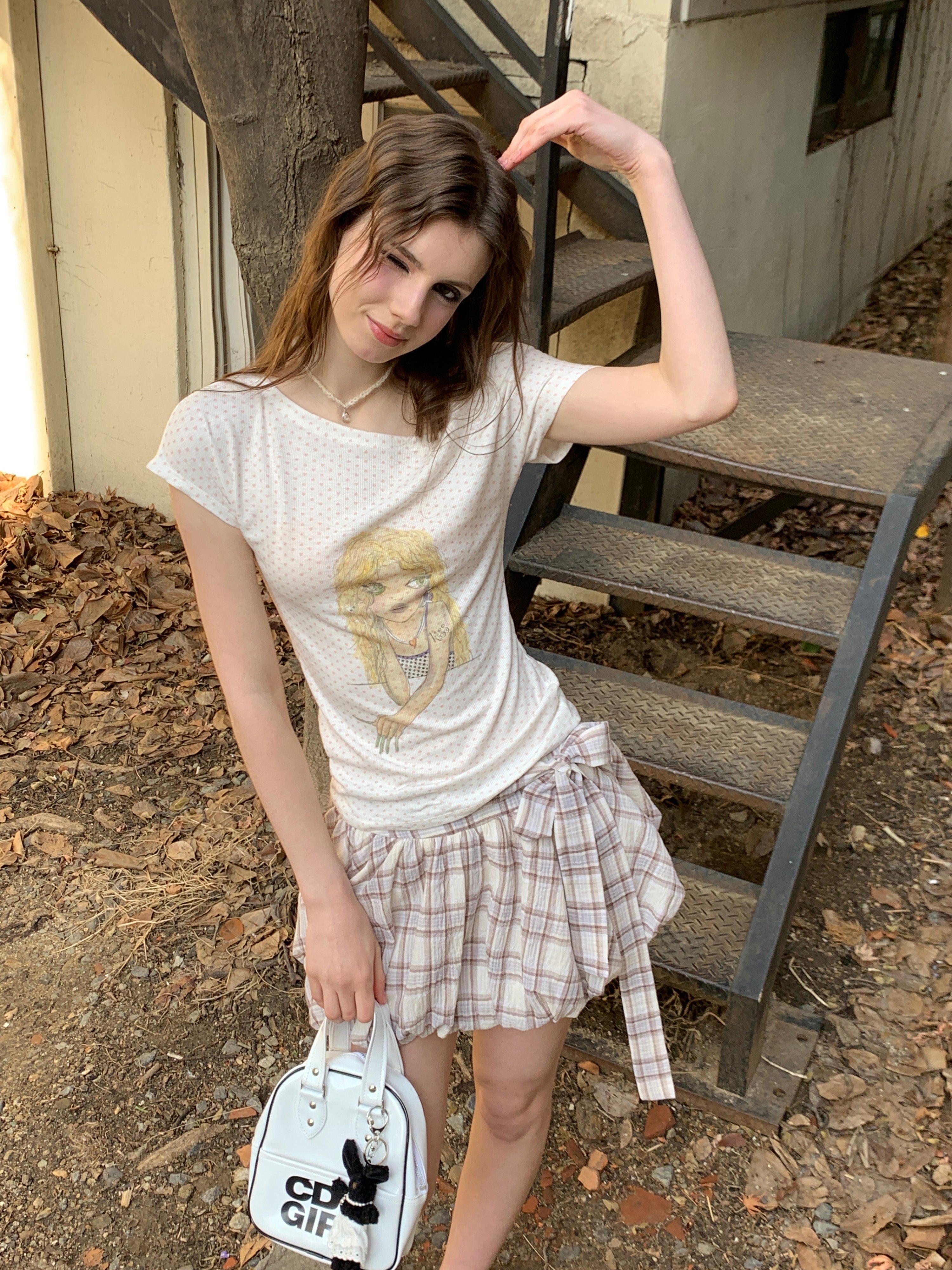[A00819]Cooling Lavender Gingham Bow-Tie Skirt