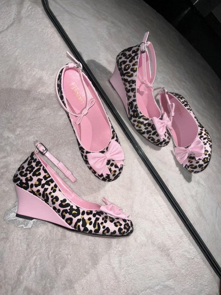 Leopard Print Gyaru Shoes – 6cm Slope Heel with Pink Bow & Glitter Details (Size 38)