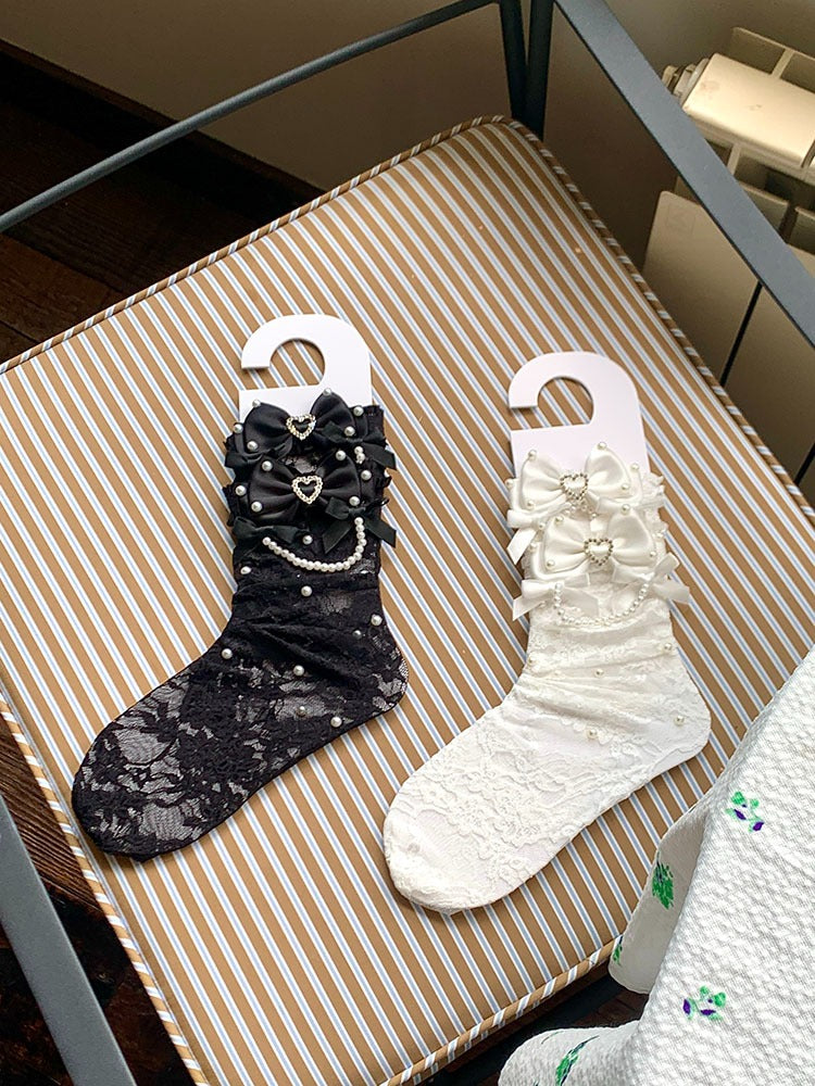 Black/White Sheer Lace Ankle Socks with Bow and Pearl
