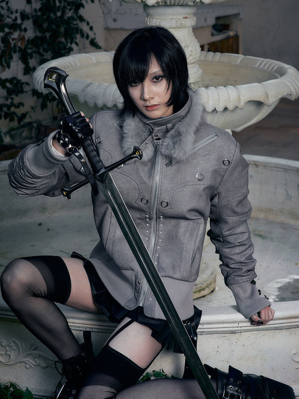 PAIKI Pearl-Washed Leather Jacket with Fur Collar