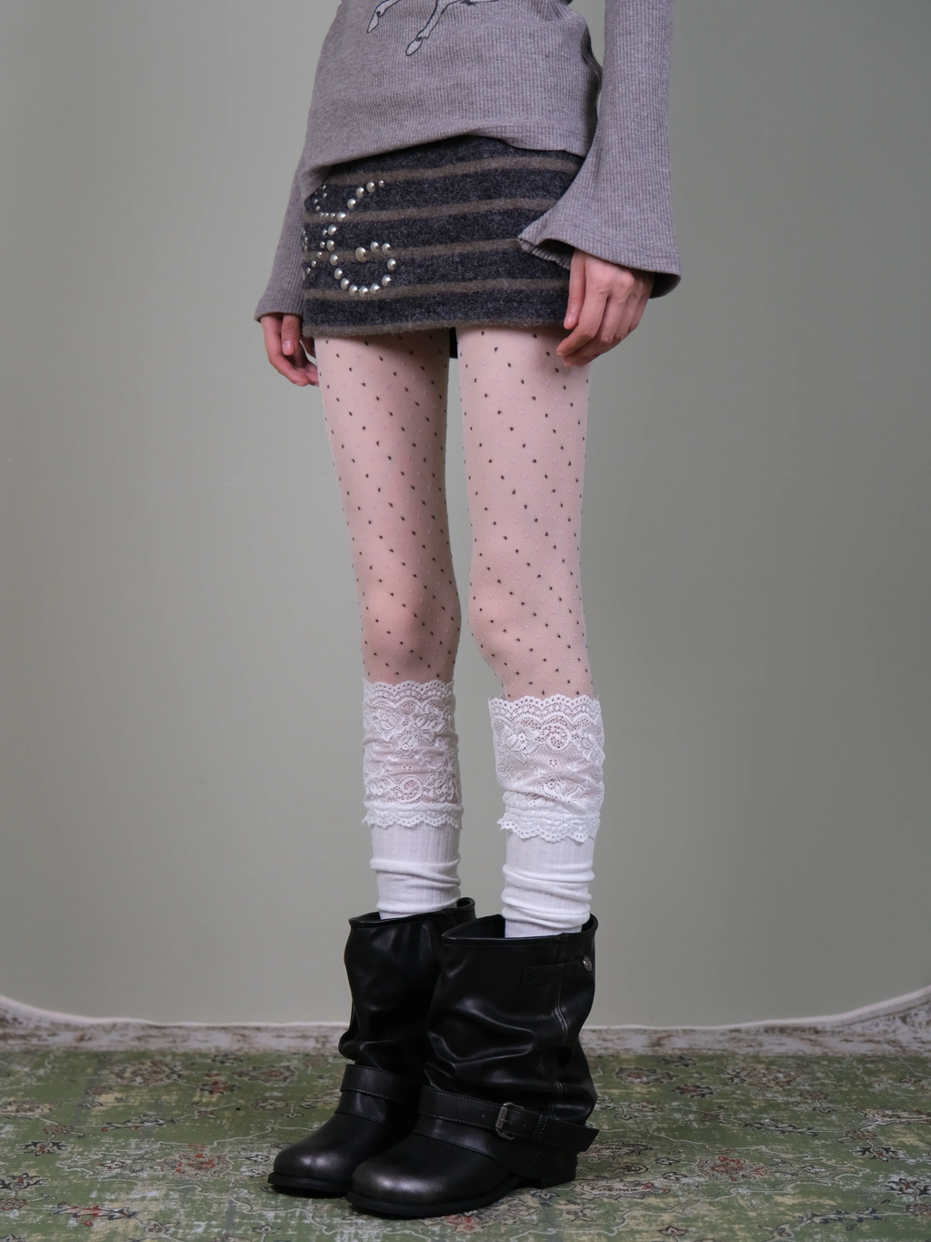 Polka Dot Tights & Ruffle Lace Socks Set - Soft Vintage Coquette Layering Look