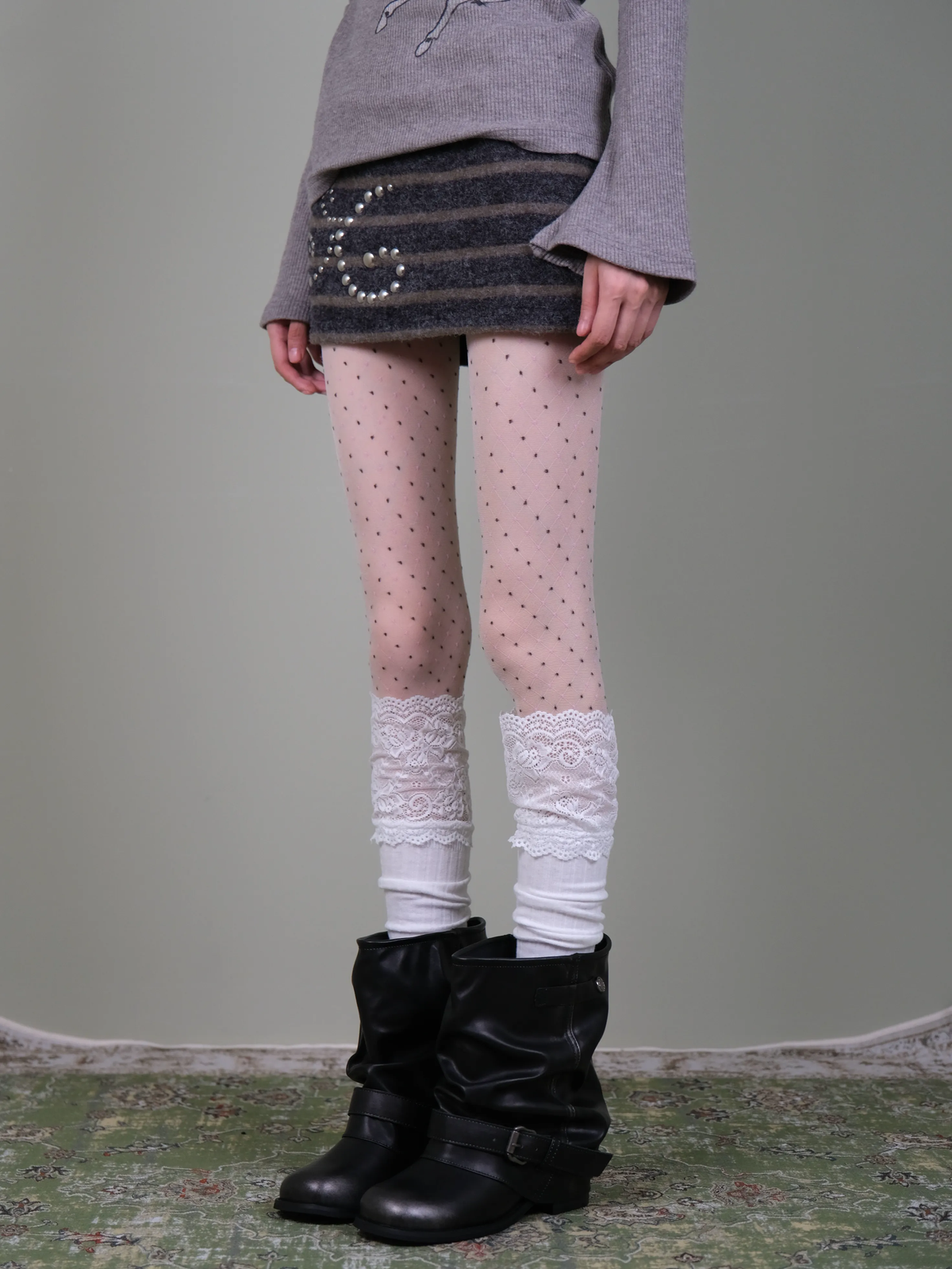 Polka Dot Tights & Ruffle Lace Socks Set - Soft Vintage Coquette Layering Look
