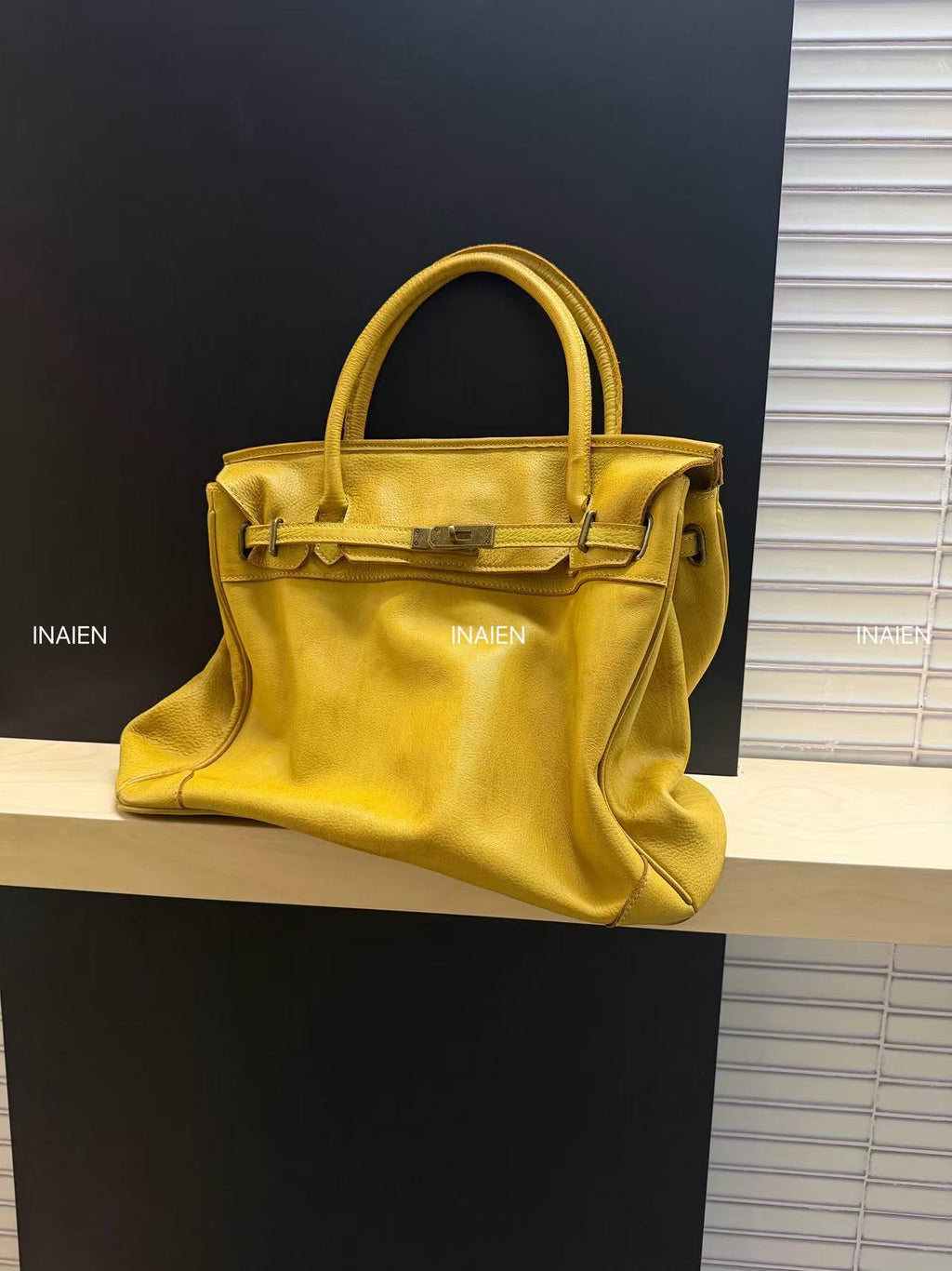 Yellow Water-Dyed Calfskin Vintage Firkin Tote Bag