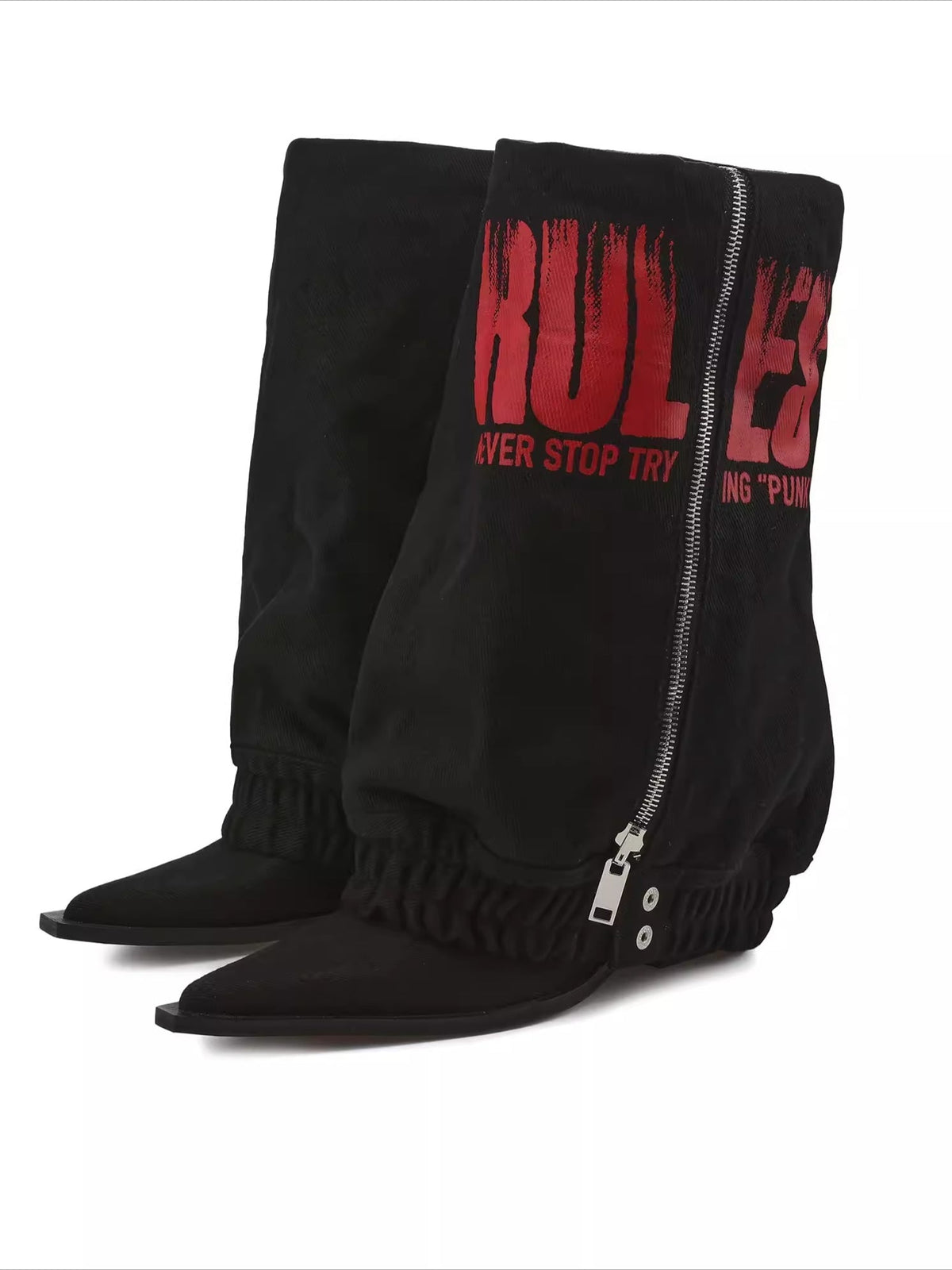 24ANS Slouchy Printed Denim Heeled Boots – Ruched Leg-Lengthening Boots
