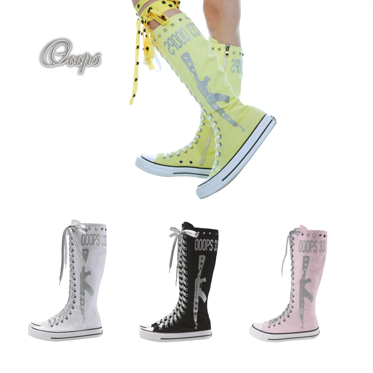 Ooops333 Studded Glitter Canvas Knee-High Lace-Up Boots