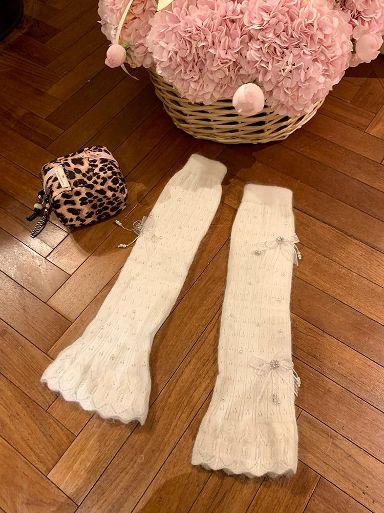 Fuzzy Knit Pearl Bow Leg Warmers