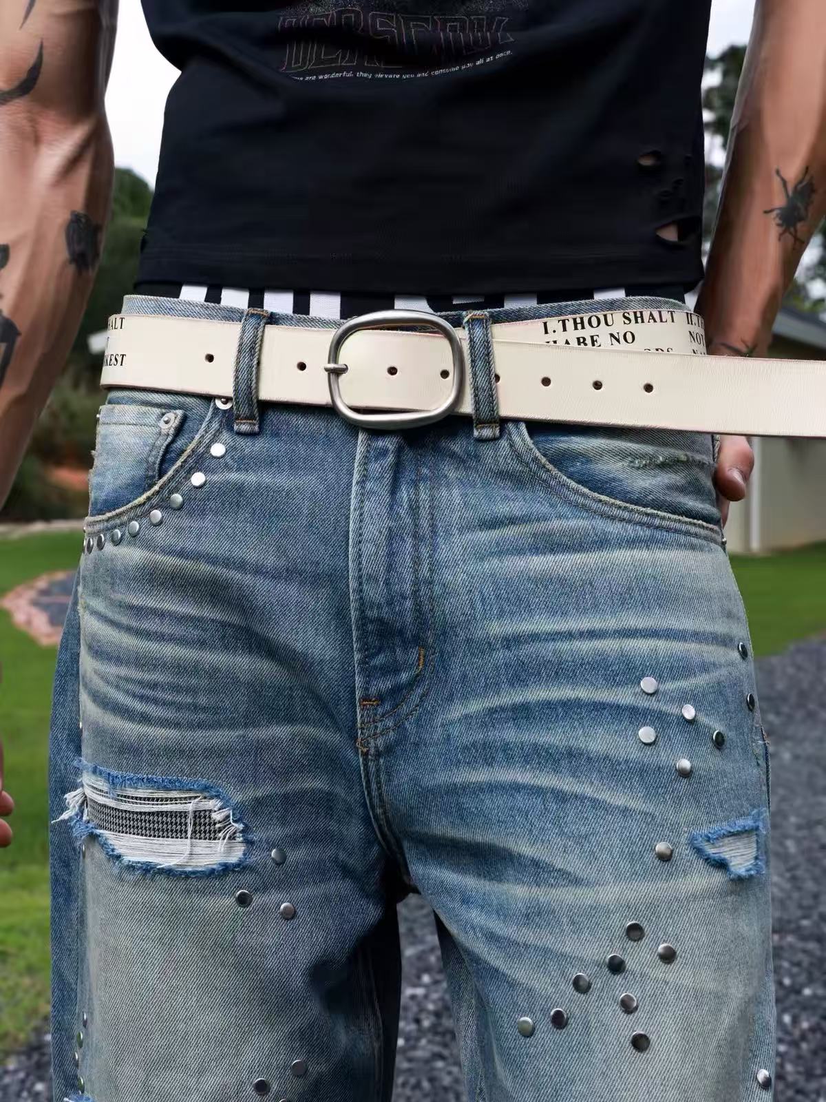 Houndstooth 646 Flare Jeans — Distressed Patches, 3D Whiskering & Studs
