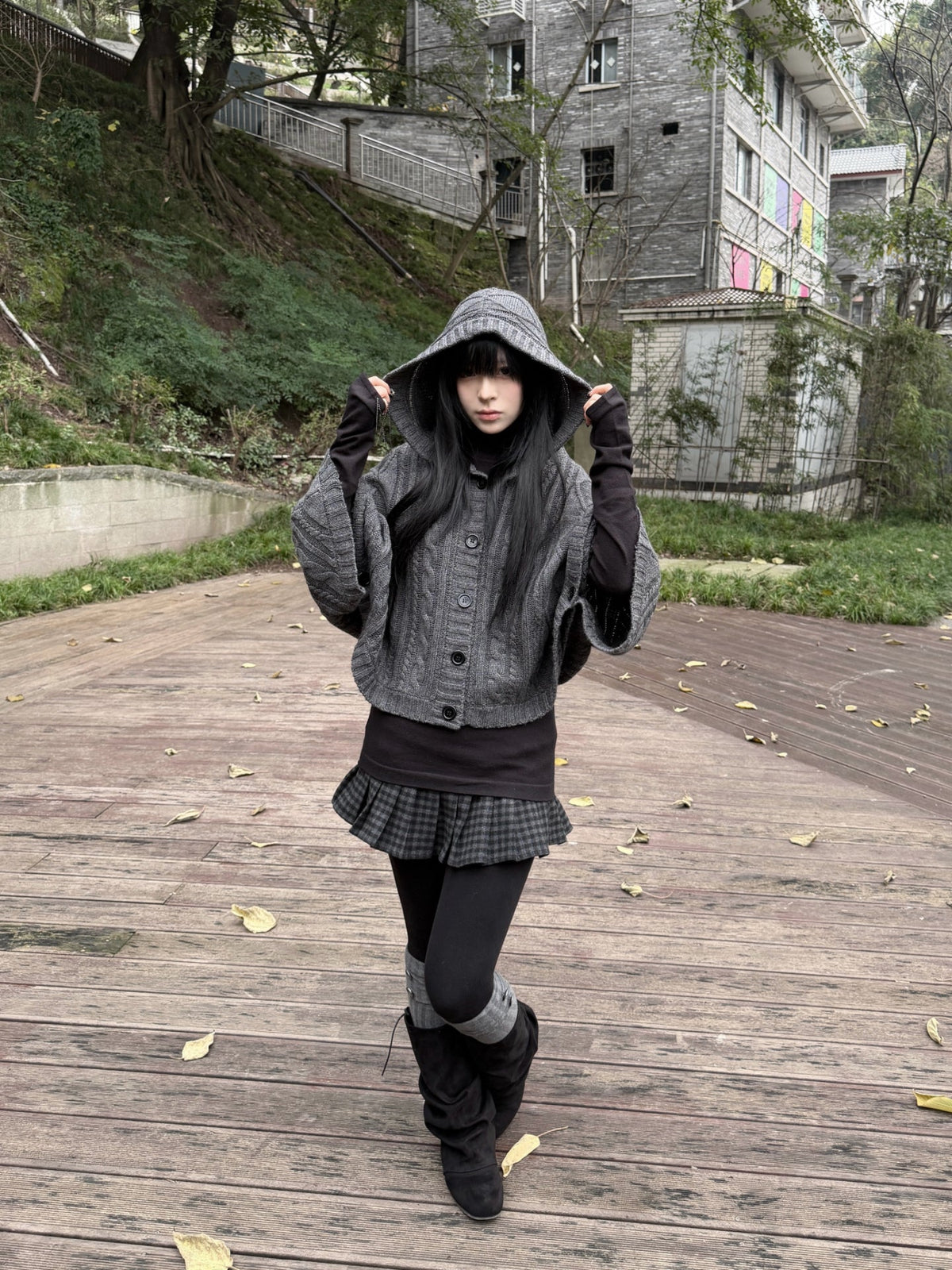 Knit Hooded Batwing Cape