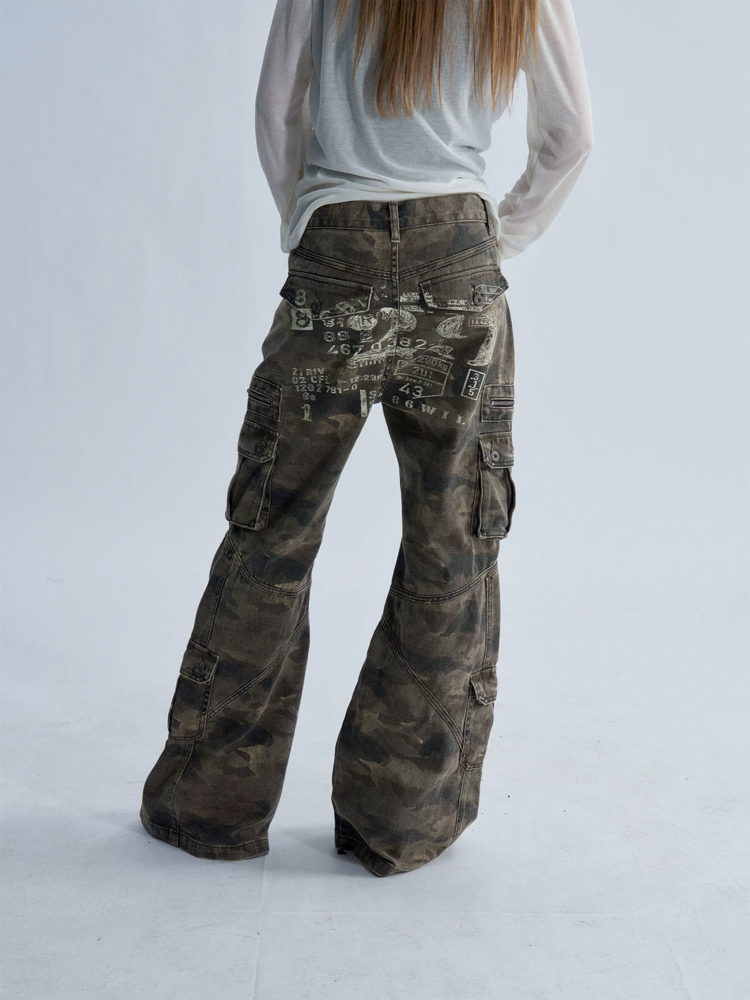 PAIKI Washed Camouflage Multi-Panel Flared Cargo Pants