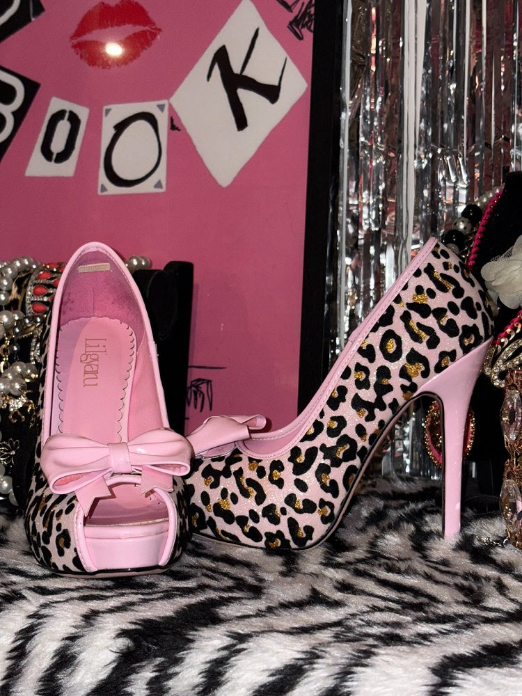 Gyaru Platform High Heels – 12.7cm Flocked Fish Mouth Shoes with Leopard Print & Bow