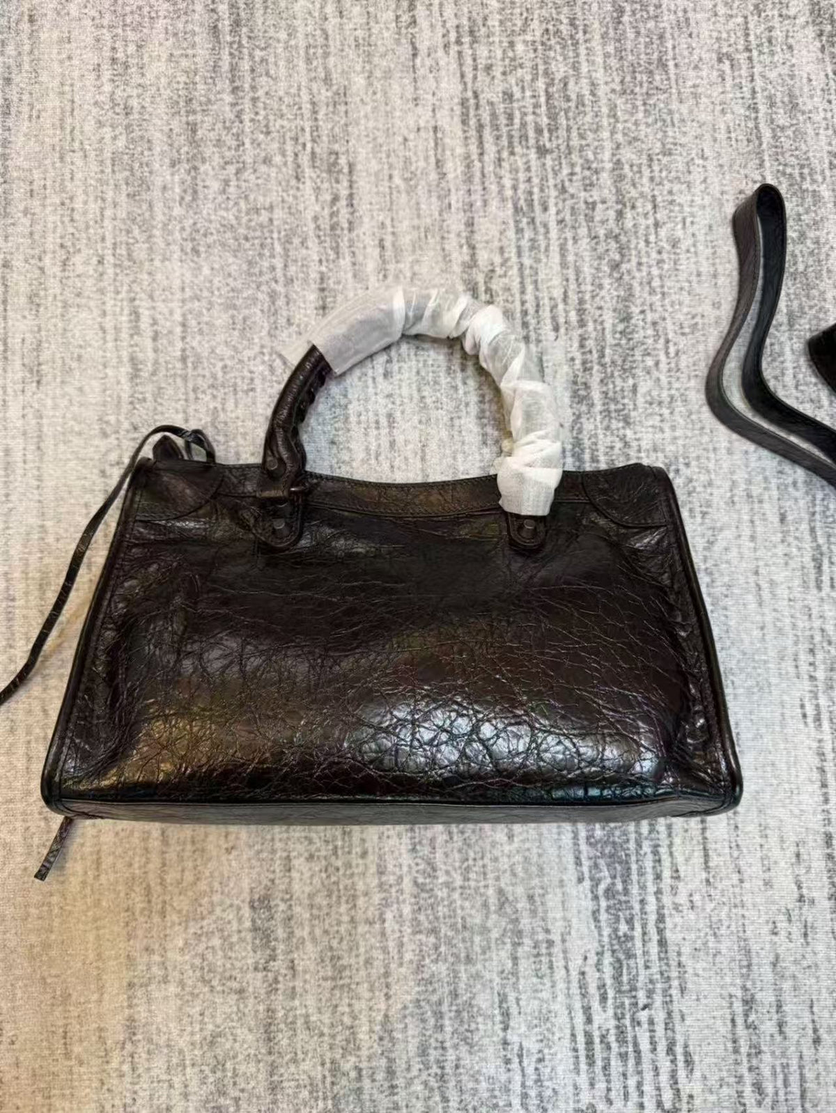 Studded Crinkle Leather Motorcycle Tote City Bag