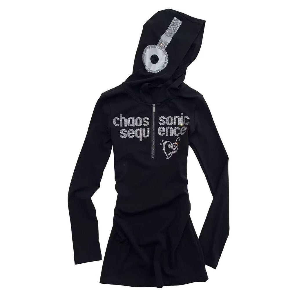 LOUD MUSIC CHAOS RHINESTONE GRAPHIC ZIP-UP HOODED DRESS