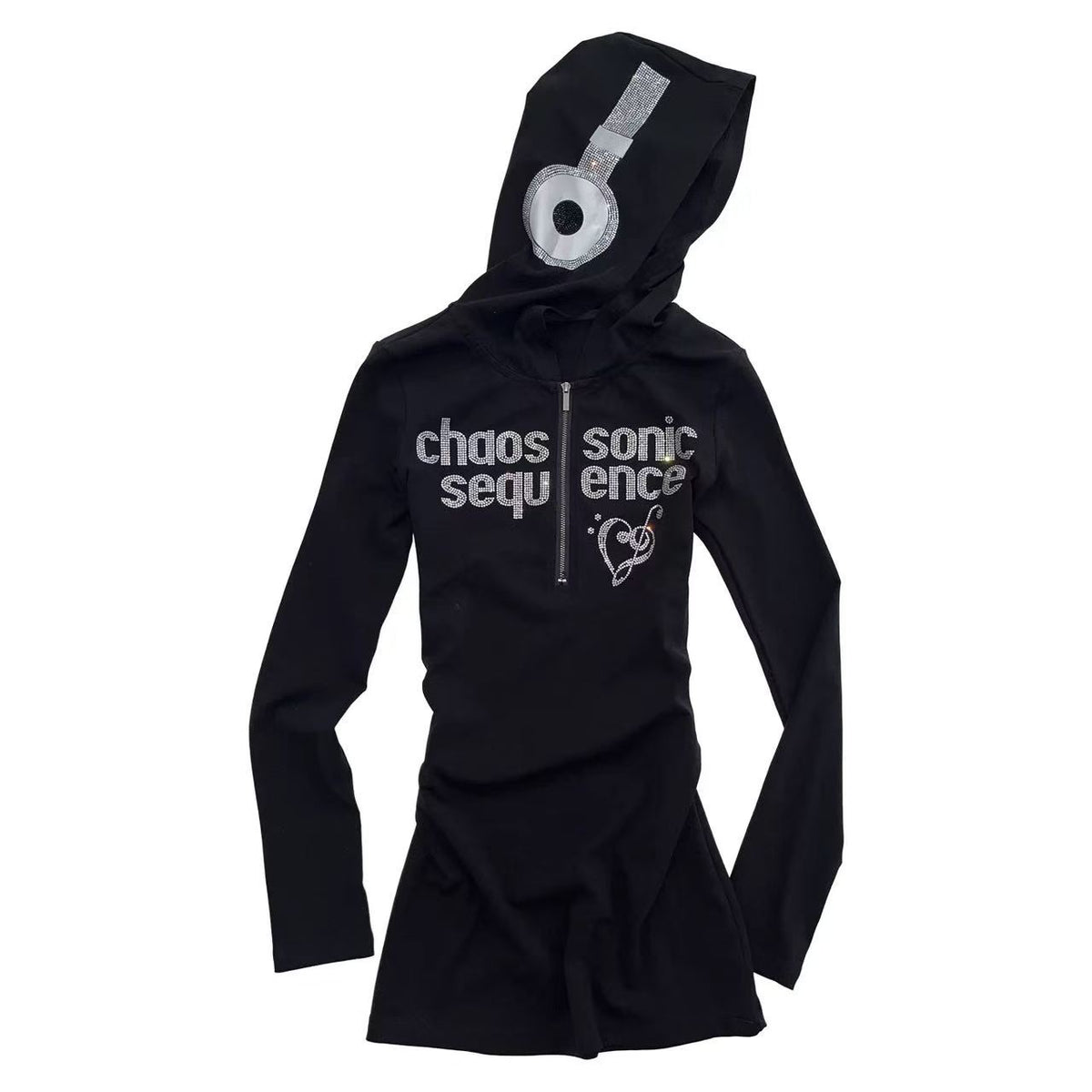 LOUD MUSIC CHAOS RHINESTONE GRAPHIC ZIP-UP HOODED DRESS